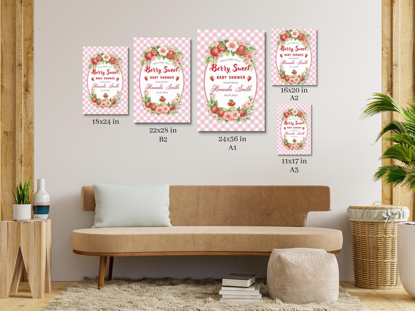Printed Berry Sweet Baby Shower Foam Board Sign – Strawberry Theme Welcome, Personalized Baby Shower Decor, Girl Baby Shower Decoration