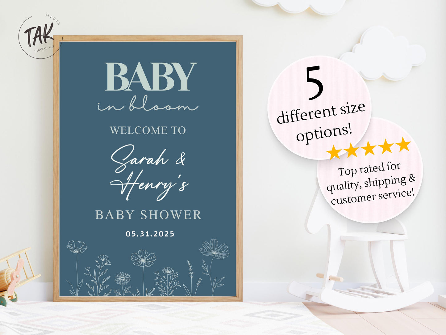Printed Blue Baby in Bloom Baby Shower Welcome Sign with Wildflowers, Custom Name Foam Board, Modern Blue Baby Boy Decor, Personalized Sign