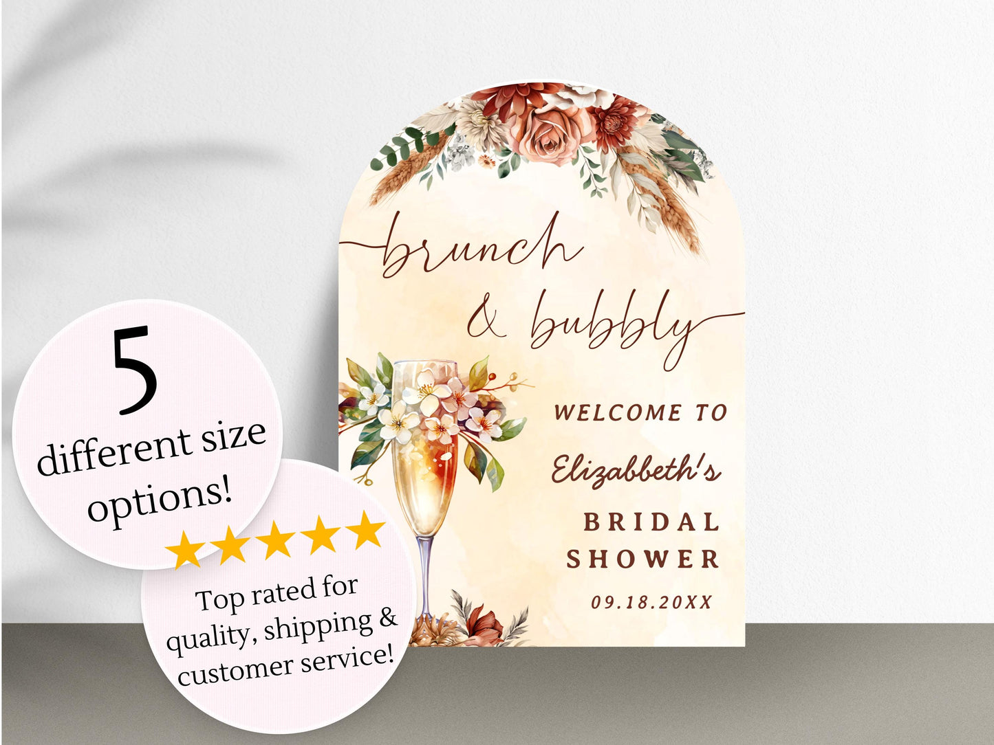Printed Arch Brunch and Bubbly Bridal Shower Welcome Sign Fall Florals, Custom Name Champagne Poster, Personalized Foam Board Bridal Decor