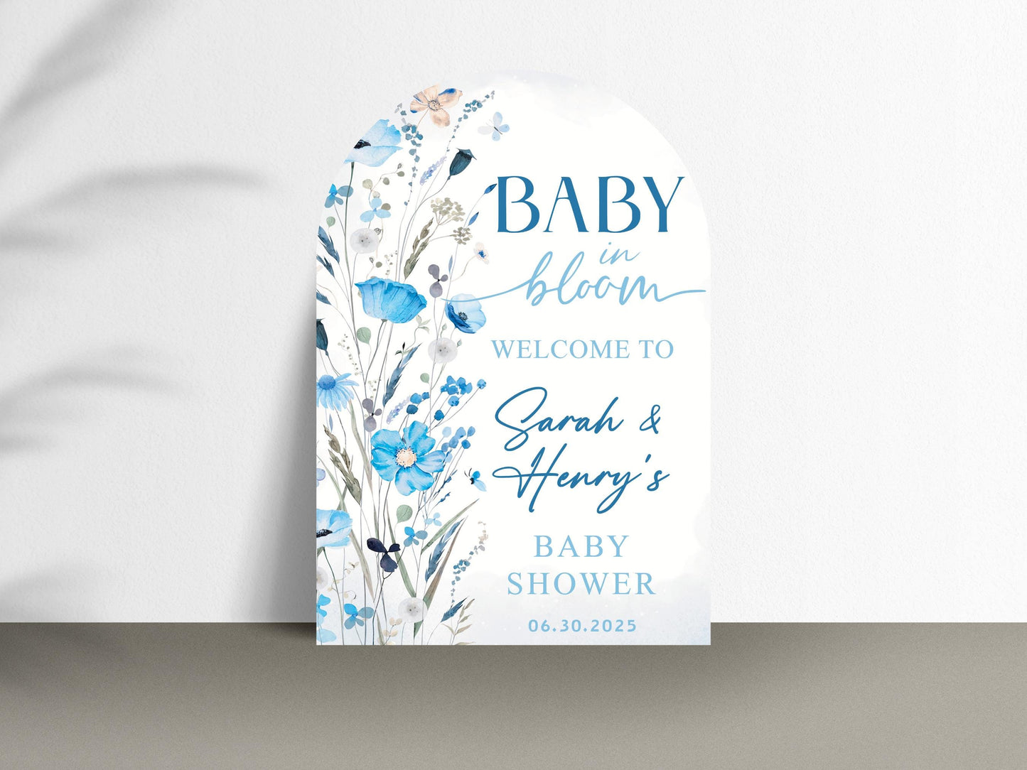 Printed Arch Baby in Bloom Baby Shower Boy Welcome Sign, Floral Shower Welcome, Custom Printed Baby Boy Blue Custom Foam Board Party Welcome