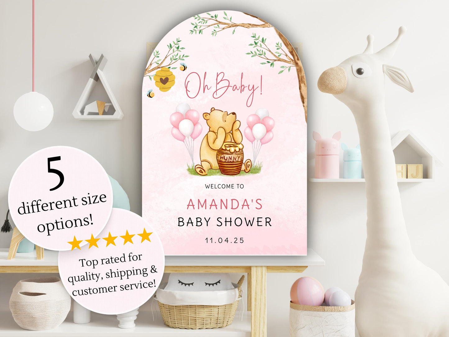 Arch Winnie The Pooh Baby Shower Welcome Sign, Pooh Baby Shower Welcome, Printed Baby Girl Winnie The Pooh Foam Board Welcome Sign