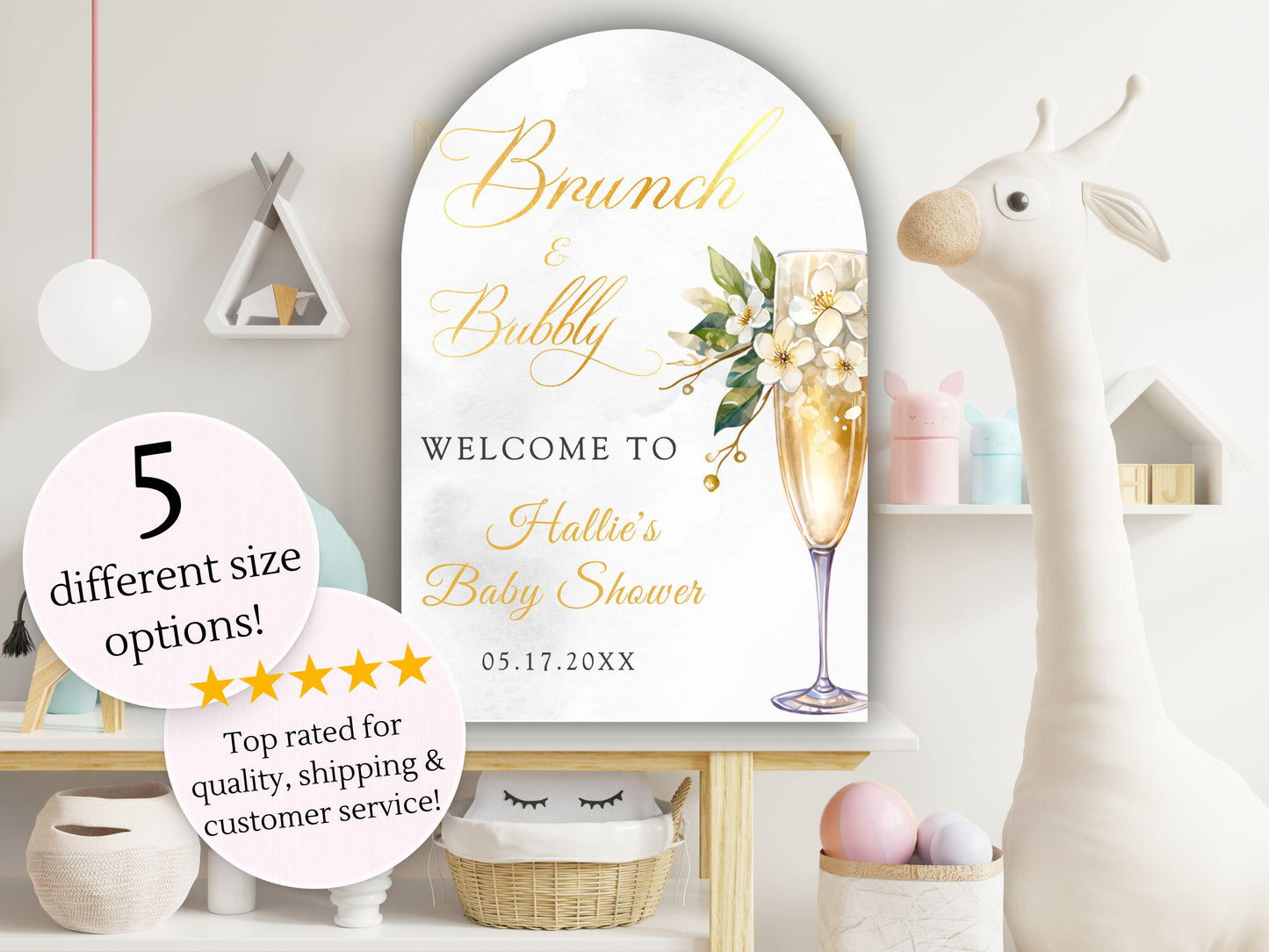 Printed Arch Brunch and Bubbly Baby Shower Welcome Sign with Champagne Glass & Florals, Custom Foam Board for Mom, Elegant Gold Decor Poster