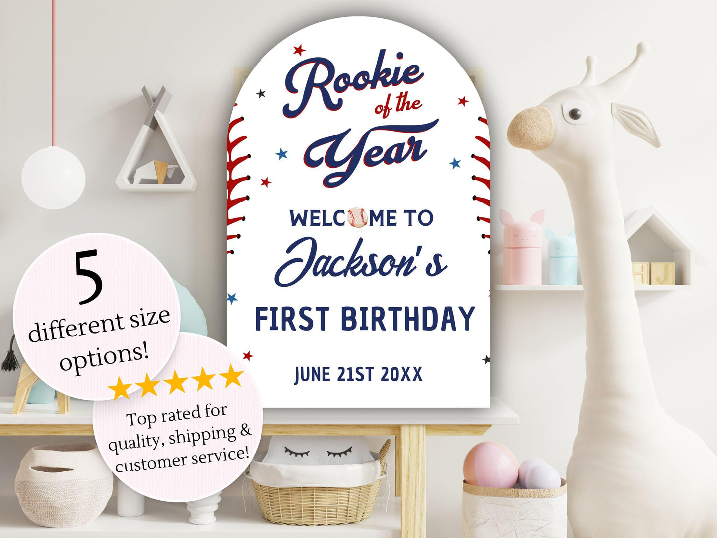 Printed Arch Baseball Rookie of the Year 1st Birthday Welcome Sign, Custom Foam Board Birthday Decor, Boy First Custom Birthday Sports Theme