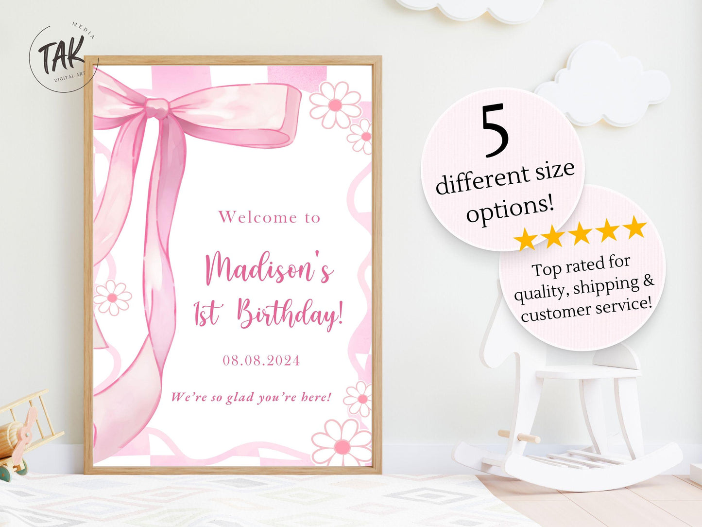 Printed Pink Ribbon 1st Birthday Foam Board Welcome Sign, Girl Party Foam Board, Floral Bow Theme, Personalized Name Poster Birthday Decor