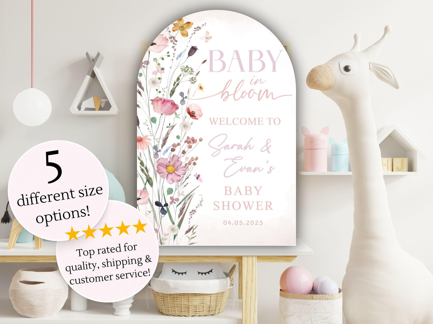 Printed Arch Baby in Bloom Baby Shower Welcome Sign, Custom Printed Floral Shower Welcome