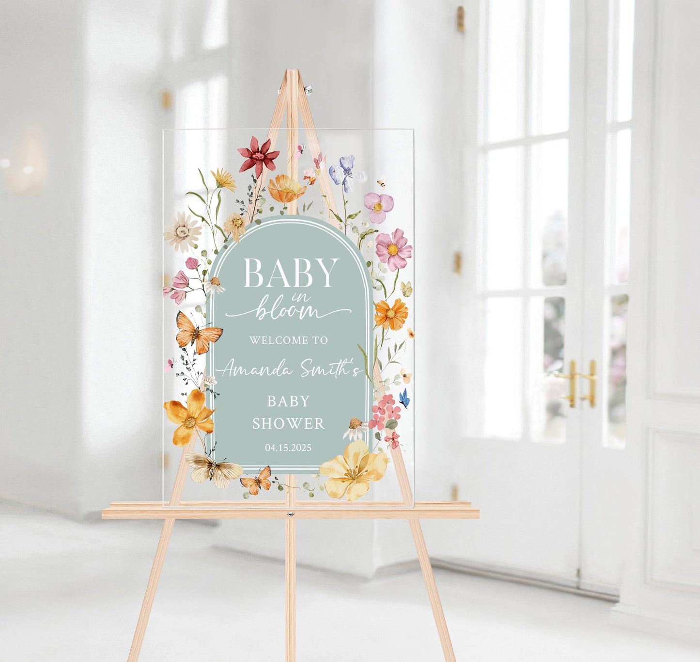 Baby in Bloom Acrylic Baby Shower Sign – Personalized Floral Welcome Sign for Baby Shower