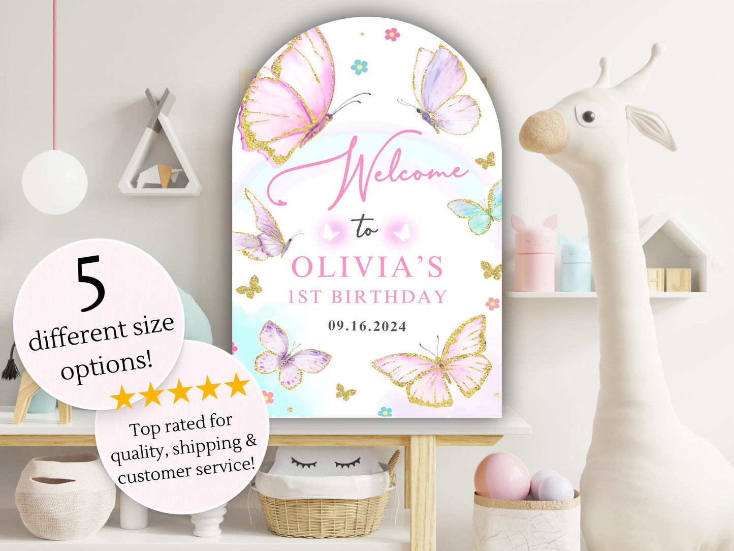 Printed Arch Butterfly 1st Birthday Welcome Sign Foam Board Party Decor, Pink Purple Gold Glitter, Girl First Birthday Poster, Custom Board