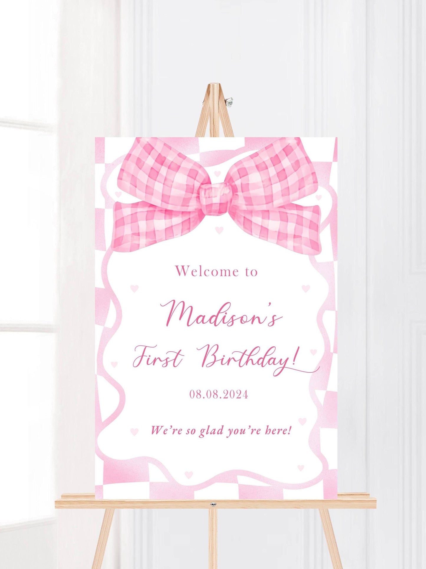 Printed Pink Ribbon 1st Birthday Foam Board Welcome Sign, Girl Party Foam Board, Floral Bow Theme, Personalized Name Poster Birthday Decor