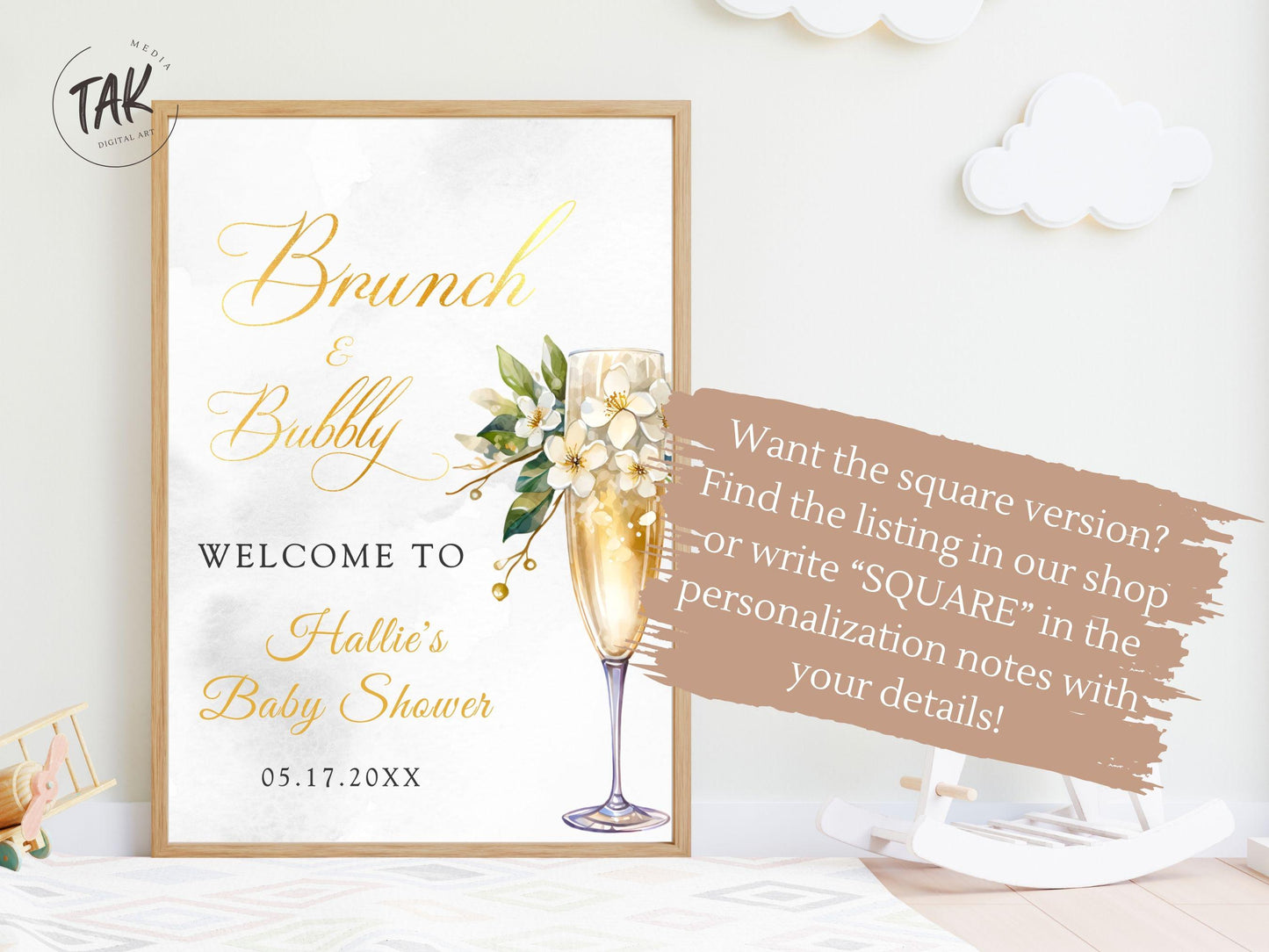 Printed Arch Brunch and Bubbly Baby Shower Welcome Sign with Champagne Glass & Florals, Custom Foam Board for Mom, Elegant Gold Decor Poster