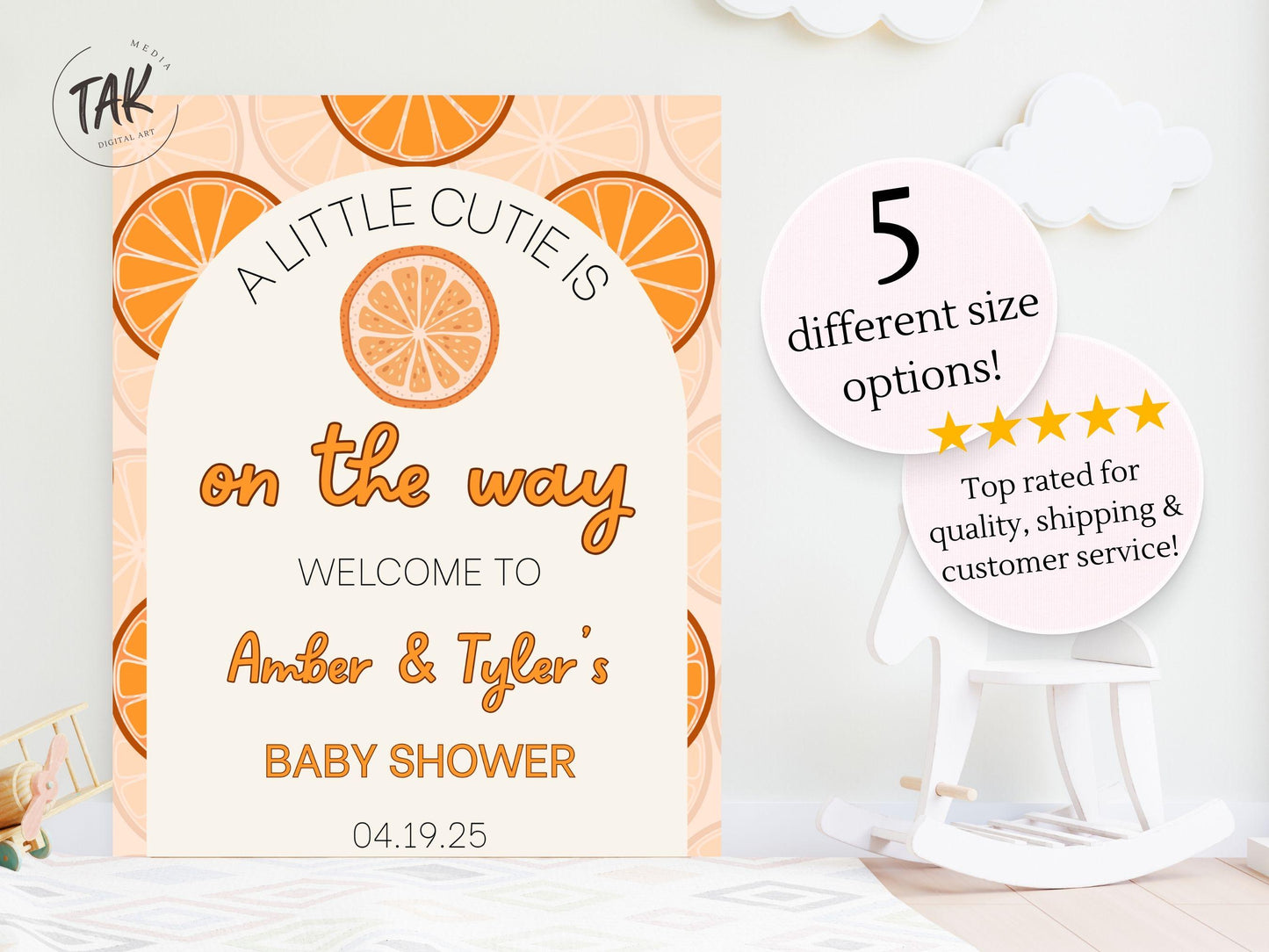 Printed Cutie Orange Baby Shower Sign Foam Board, Citrus Theme Welcome Poster, Gender Neutral Printable Decor, Custom Baby Event Display