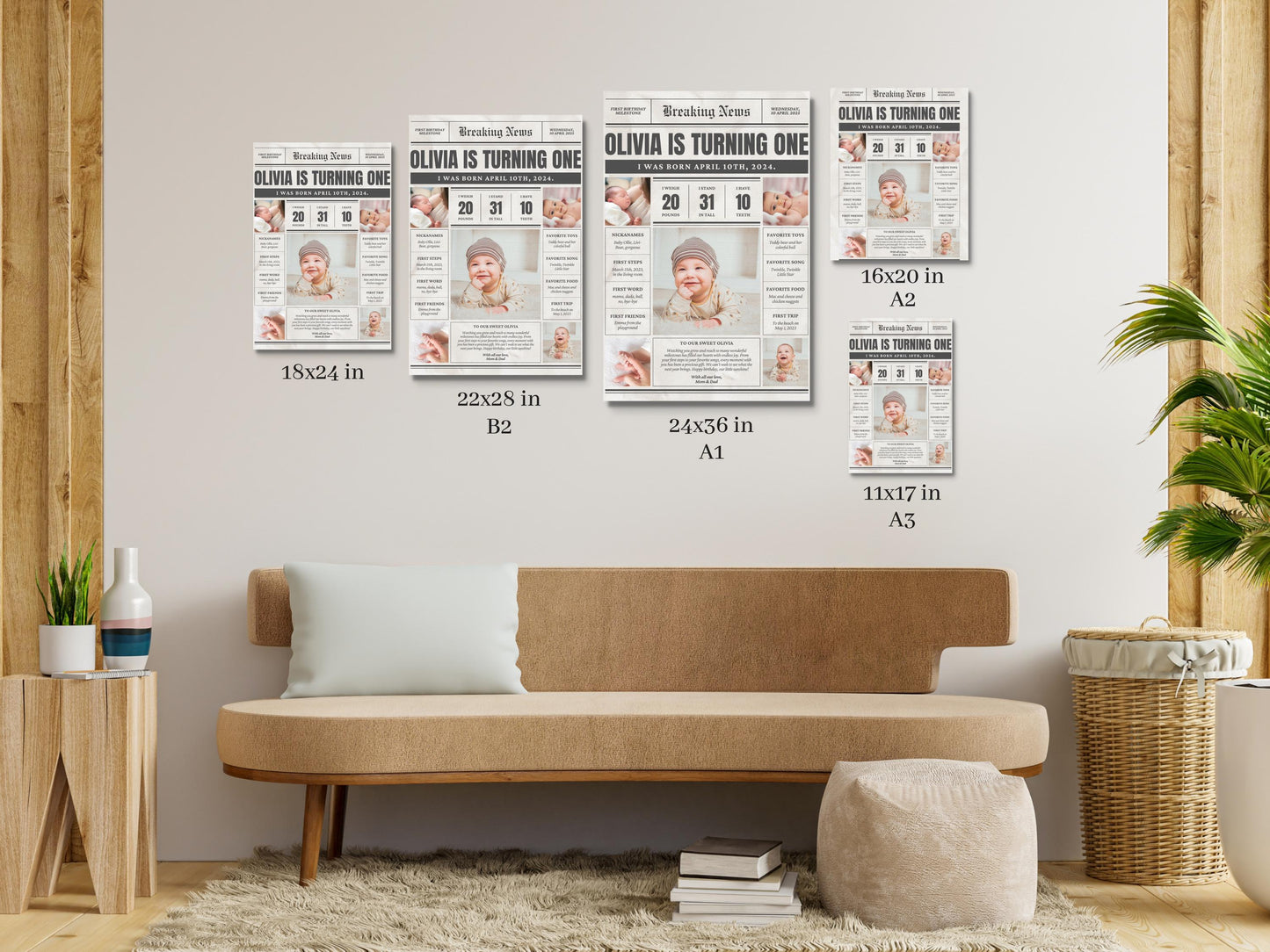 Personalized First Birthday Newspaper Sign – Custom Baby Milestone Foam Board Poster for Girl or Boy, 1st Birthday Party Decor