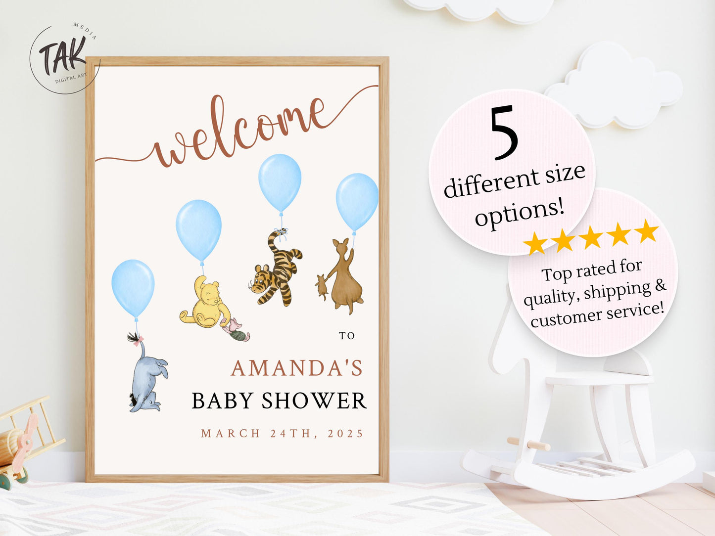 Printed Winnie The Pooh Baby Shower Welcome Sign, Pooh Baby Shower Welcome, Custom Printed Baby Boy Winnie The Pooh Foam Board Welcome Sign