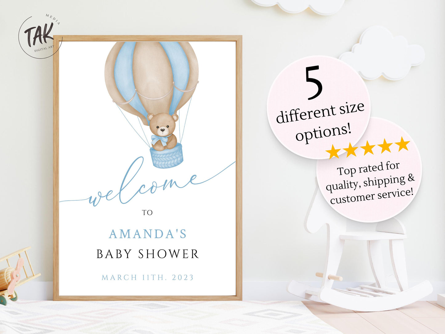 Baby Shower We Can Bearly Wait Boy Foam Welcome Sign, Baby Hot Air Balloon Bear