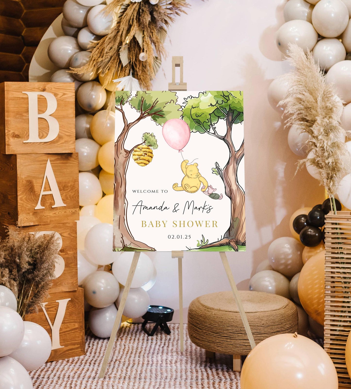 Printed Winnie The Pooh Baby Shower Welcome Sign, Pooh Baby Shower Welcome, Custom Printed Baby Girl Winnie The Pooh Foam Board Welcome Sign