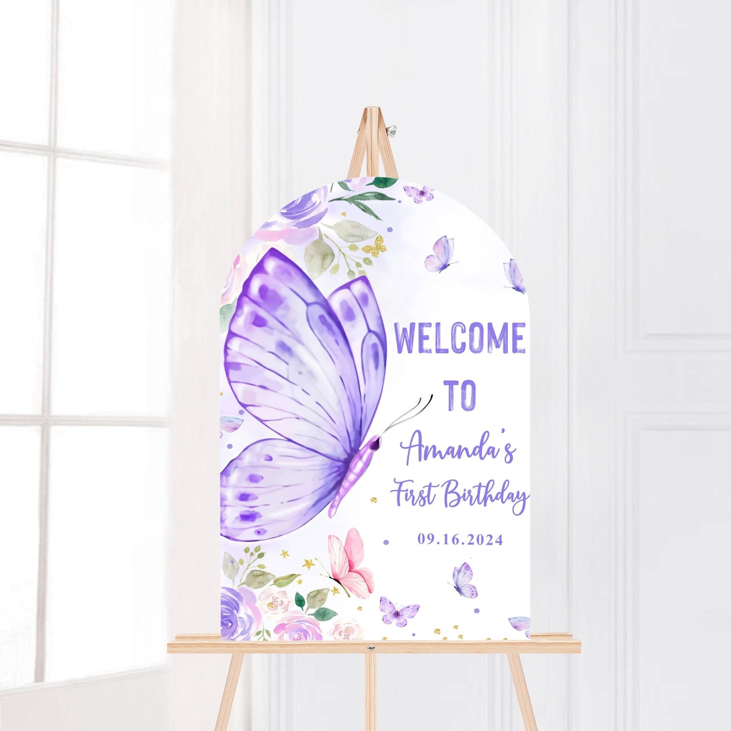 Printed Arch Butterfly First Birthday Sign Foam Board, Purple Floral Welcome Poster, Custom Girl Party Decor, Whimsical Garden Theme Display