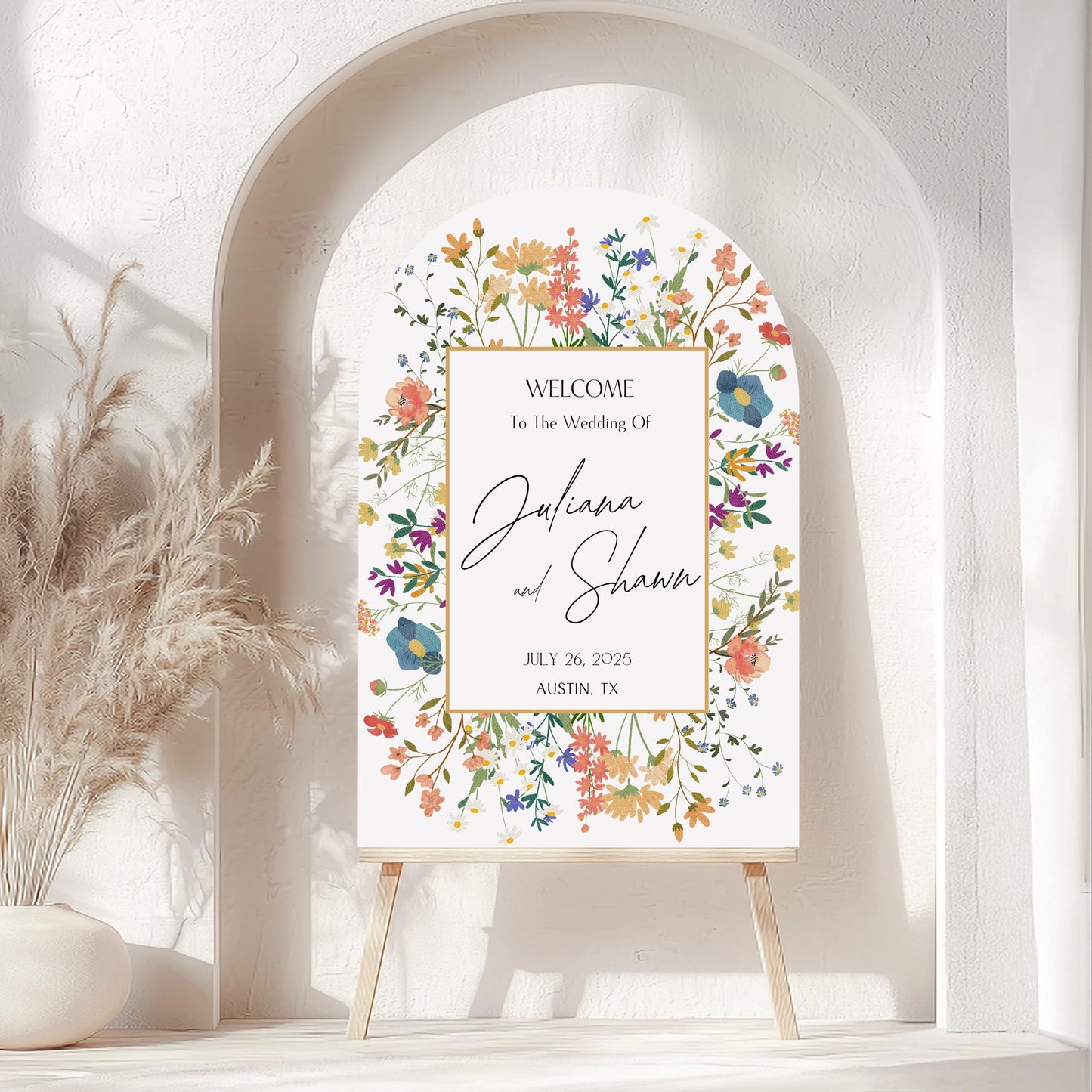 Floral Wedding Welcome Sign – Custom Acrylic or Foam Board Sign, Personalized Elegant Wedding Decor, Modern Ceremony Sign, Name & Date