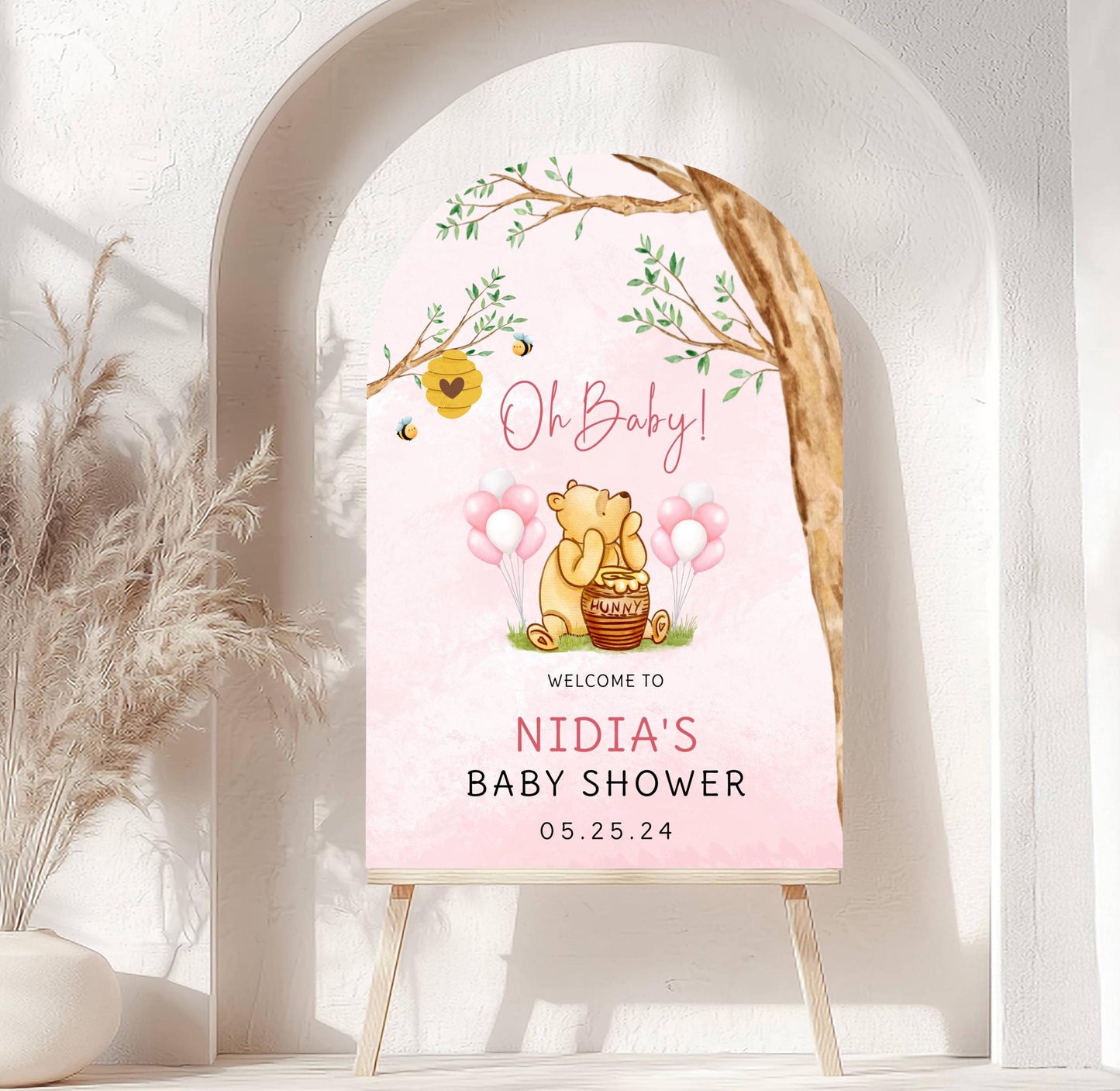 Arch Winnie The Pooh Baby Shower Welcome Sign, Pooh Baby Shower Welcome, Printed Baby Girl Winnie The Pooh Foam Board Welcome Sign
