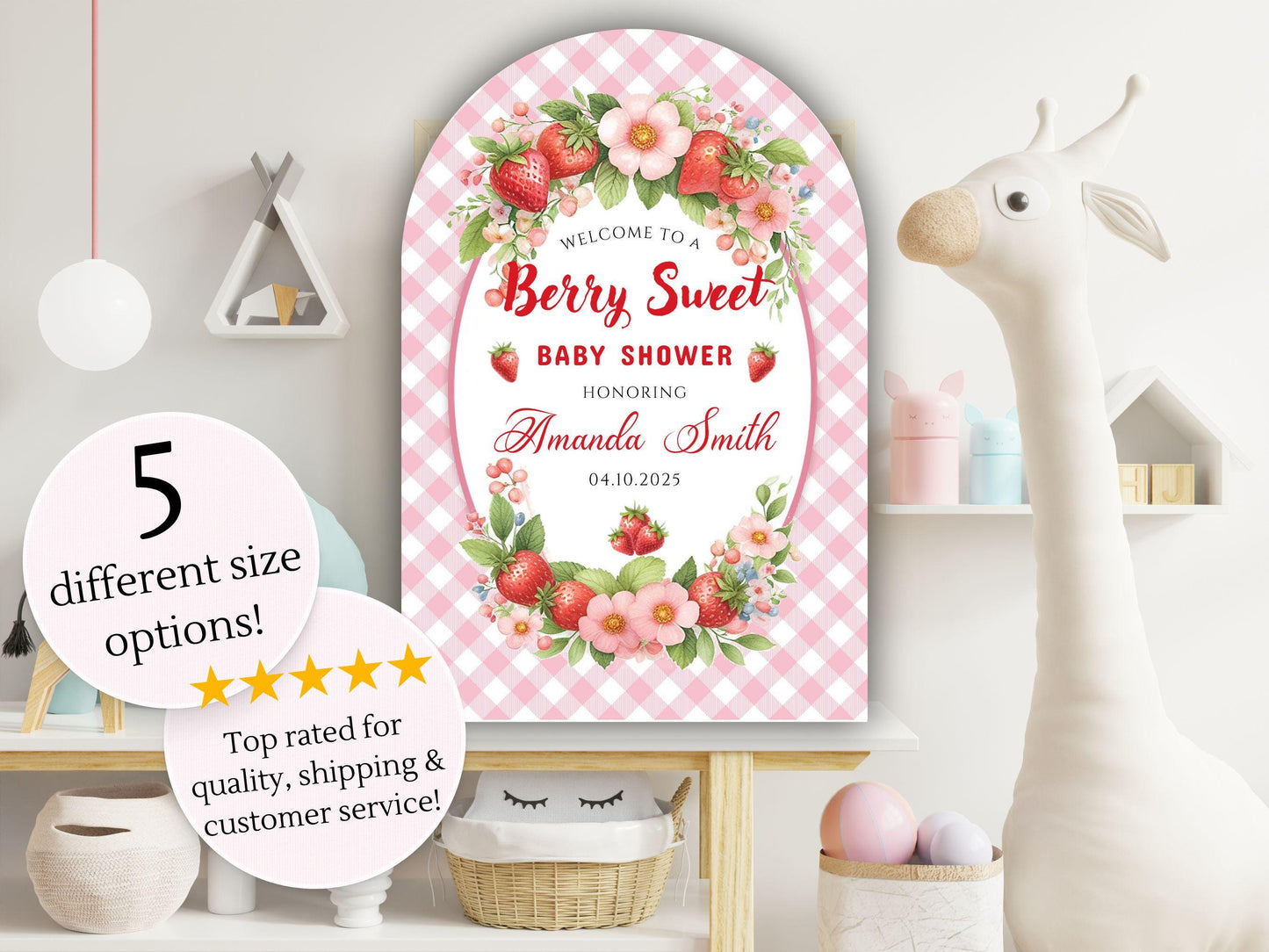 Printed Arch Berry Sweet Baby Shower Foam Board Sign – Strawberry Theme Welcome, Personalized Baby Shower Decor, Girl Baby Shower Decoration