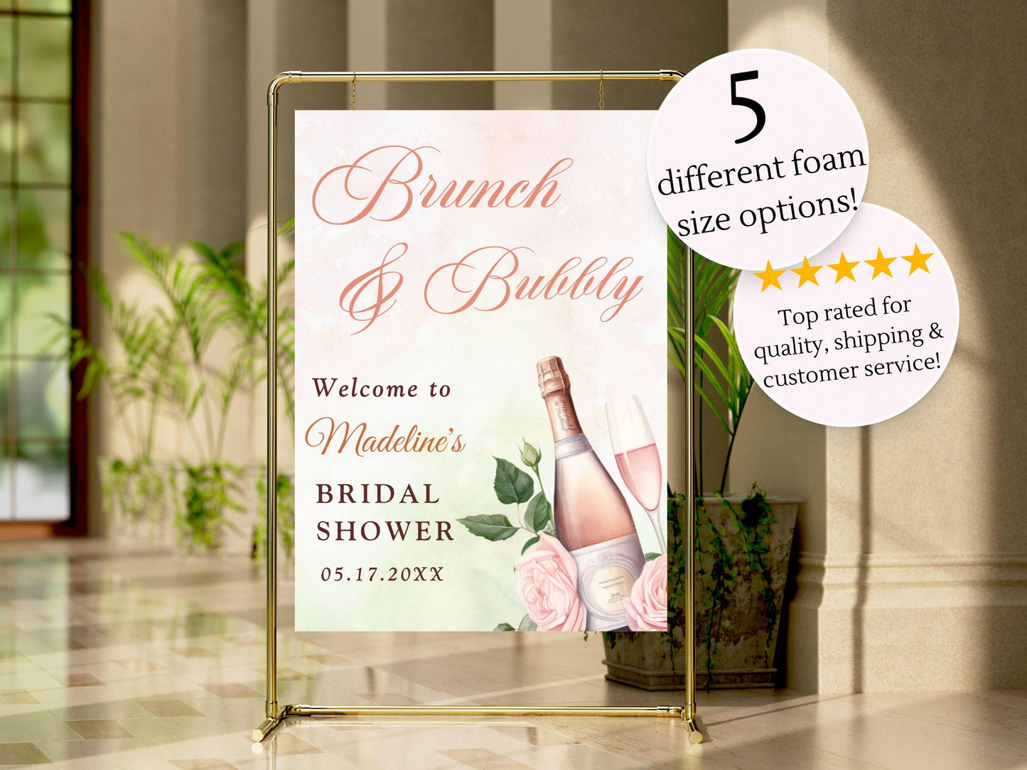 Printed Brunch and Bubbly Bridal Shower Welcome Sign with Rose Champagne, Custom Foam Board, Elegant Pink Green Bridal Brunch Decor Poster