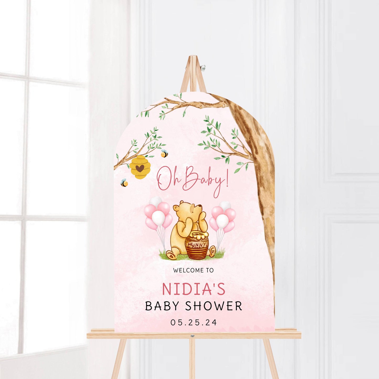 Arch Winnie The Pooh Baby Shower Welcome Sign, Pooh Baby Shower Welcome, Printed Baby Girl Winnie The Pooh Foam Board Welcome Sign