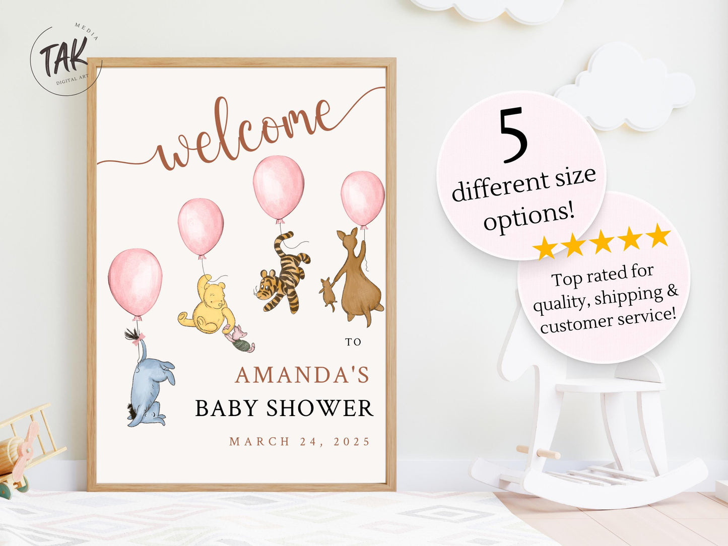 Printed Winnie The Pooh Baby Shower Welcome Sign, Pooh Baby Shower Welcome, Custom Printed Baby Girl Winnie The Pooh Foam Board Welcome Sign