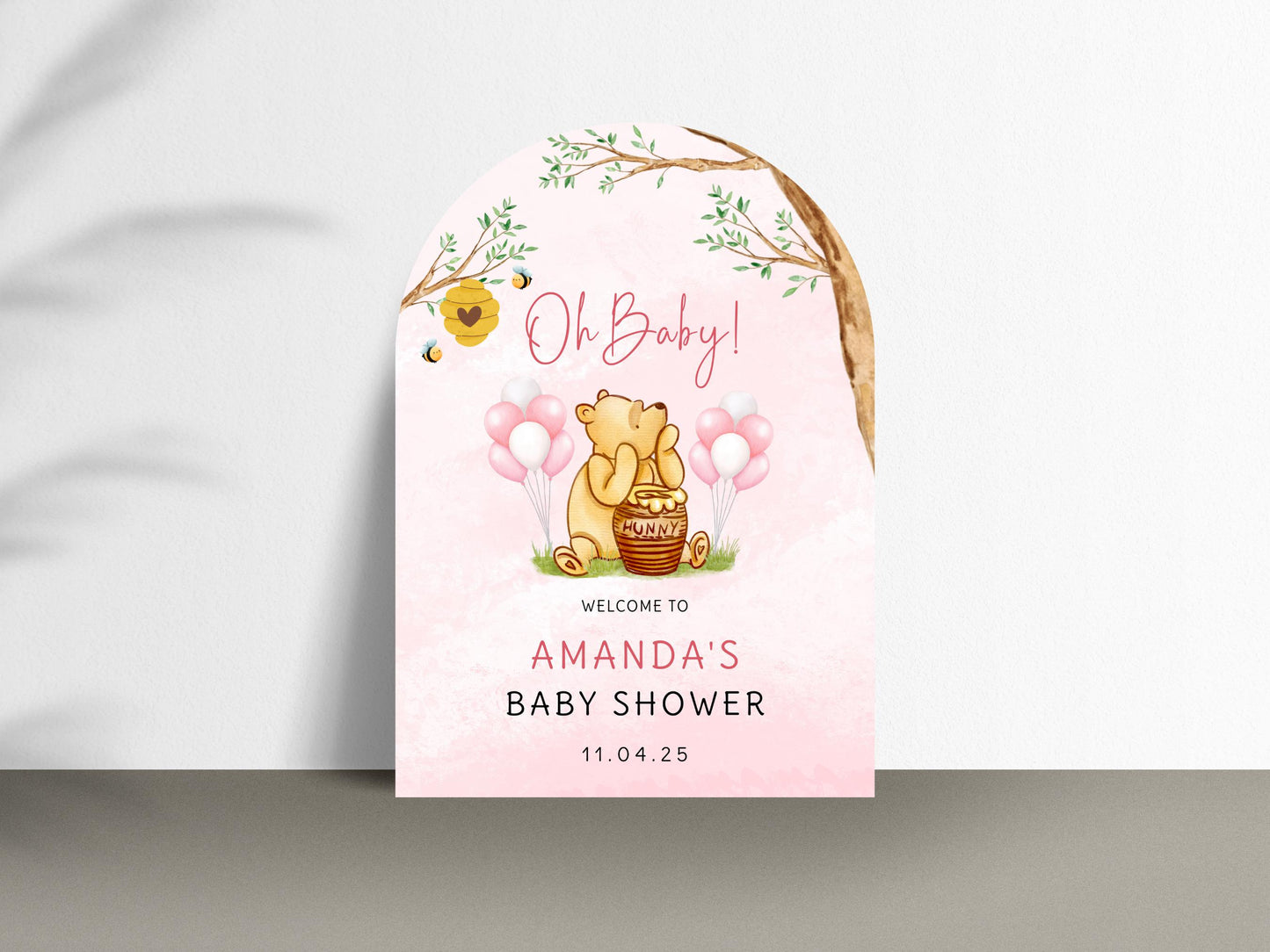 Arch Winnie The Pooh Baby Shower Welcome Sign, Pooh Baby Shower Welcome, Printed Baby Girl Winnie The Pooh Foam Board Welcome Sign