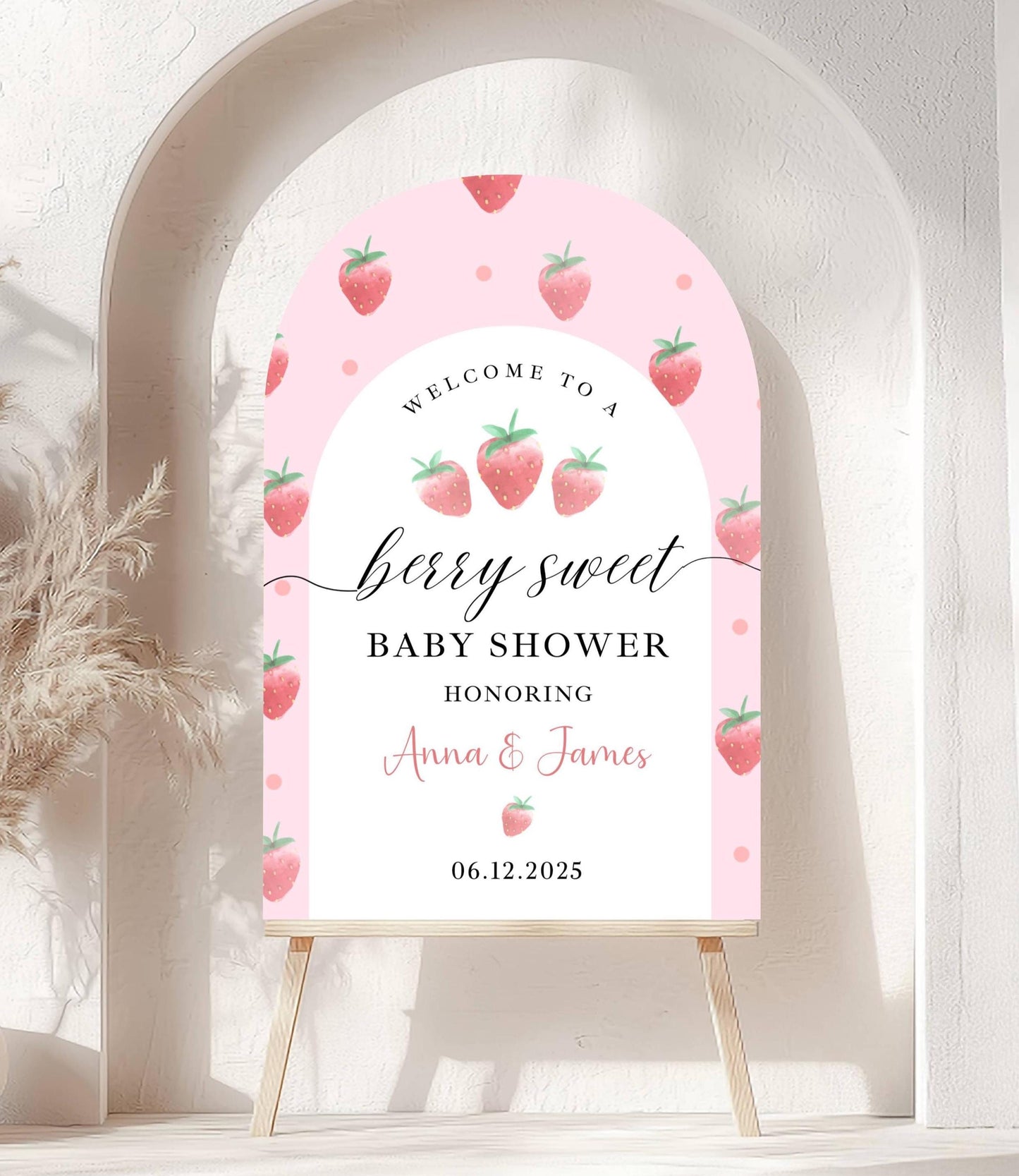 Printed Arch Berry Sweet Baby Shower Welcome Sign with Strawberries, Custom Name Foam Board, Pink Summer Party Decor Sign, Berry Sweet Decor