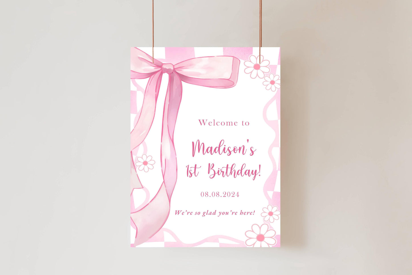 Printed Pink Ribbon 1st Birthday Foam Board Welcome Sign, Girl Party Foam Board, Floral Bow Theme, Personalized Name Poster Birthday Decor