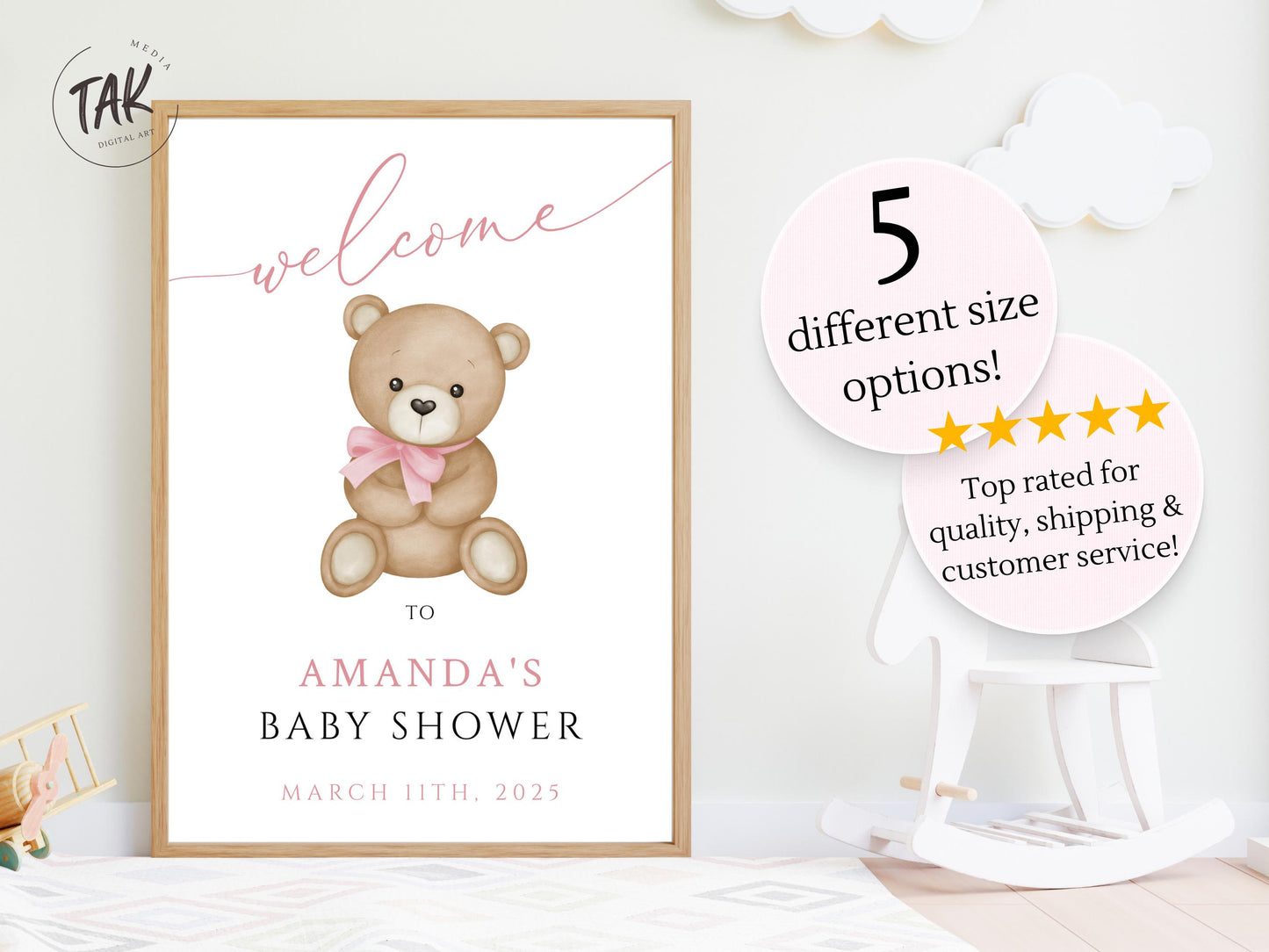 Baby Shower We Can Bearly Wait Baby Girl Custom Foam Welcome Sign, Baby Hot Air Balloon Bear