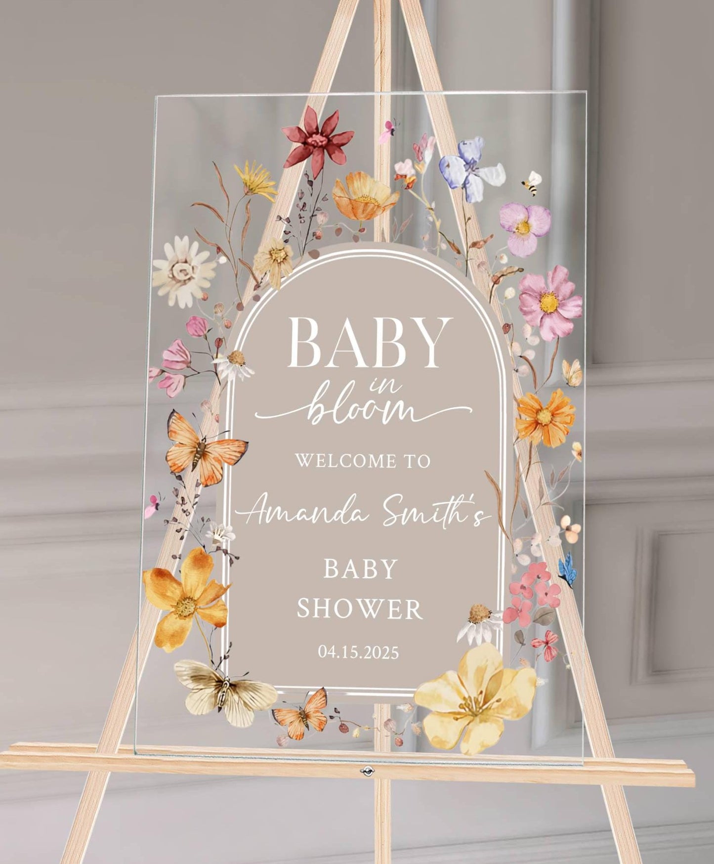 Baby in Bloom Acrylic Baby Shower Sign – Personalized Floral Welcome Sign for Spring Baby Shower, Custom Event Decor, Clear or Frosted Sign