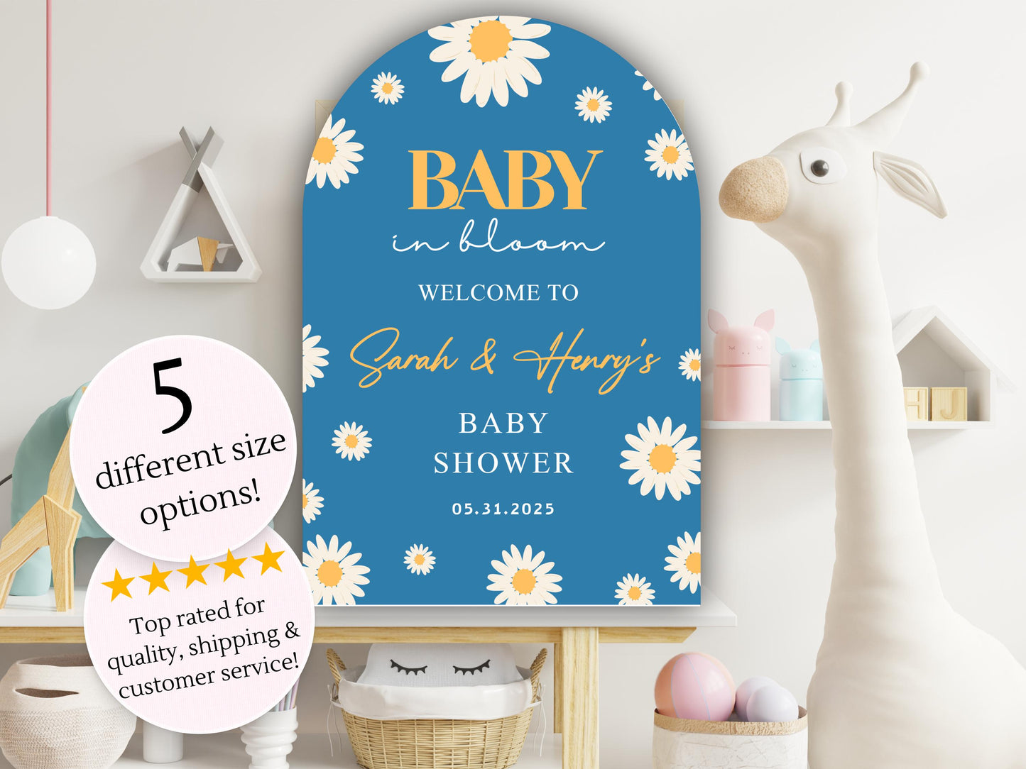 Printed Arch Baby in Bloom Baby Shower Welcome Sign, Blue Floral Shower Welcome, Custom Printed Boy Custom Daisy Foam Board Party Welcome