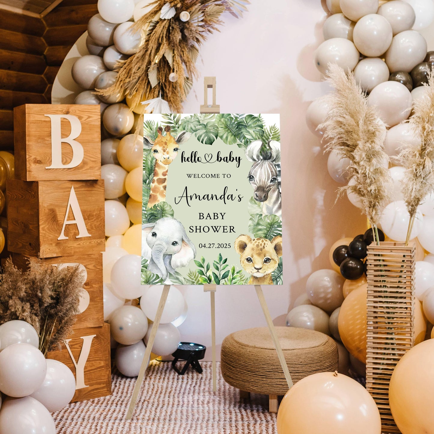 Printed Jungle Theme Baby Shower Welcome Sign, Wildlife Baby Shower Welcome, Printed Gender Neutral Jungle Theme Foam Board Welcome