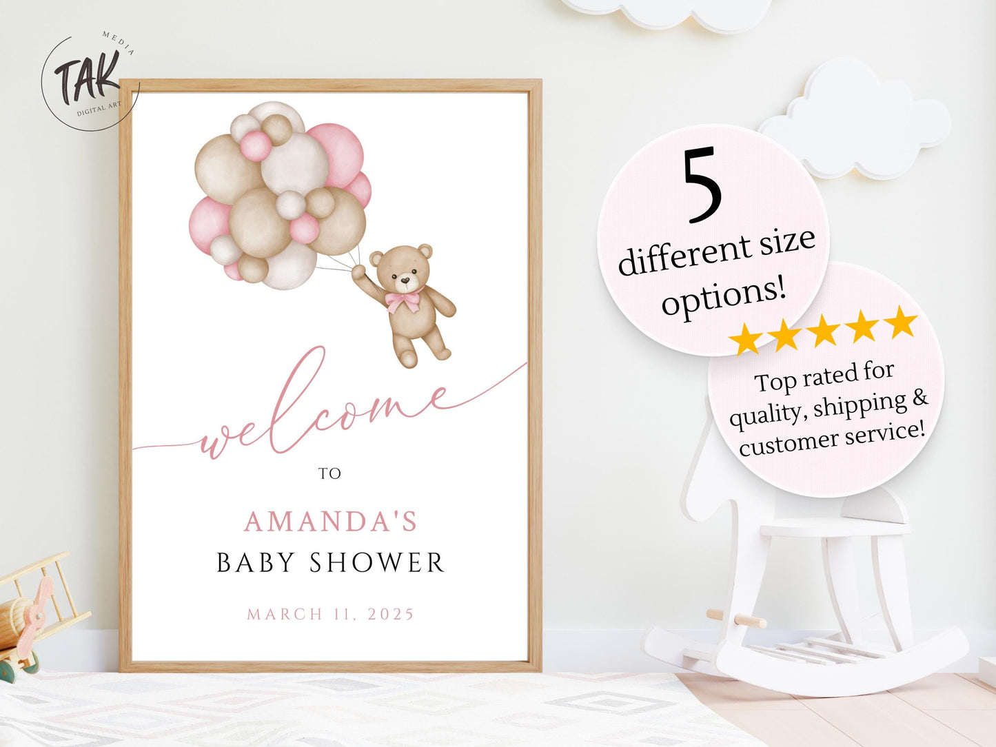 Baby Shower We Can Bearly Wait Baby Girl Foam Welcome Sign, Baby Balloon Bear