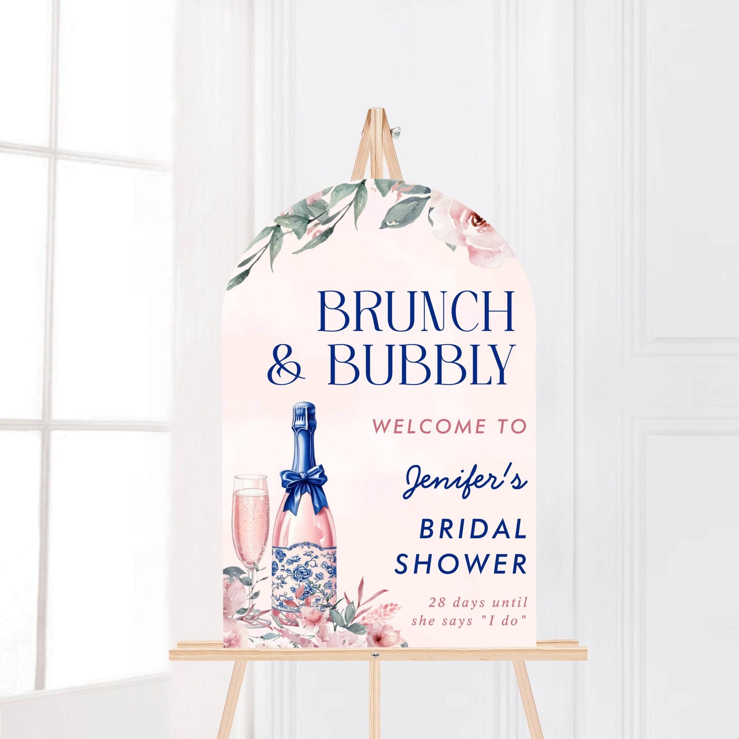 Printed Arch Brunch and Bubbly Bridal Shower Welcome Sign, Pink Champagne & Blue Bows, Custom Bridal Foam Board, Floral Wedding Party Decor