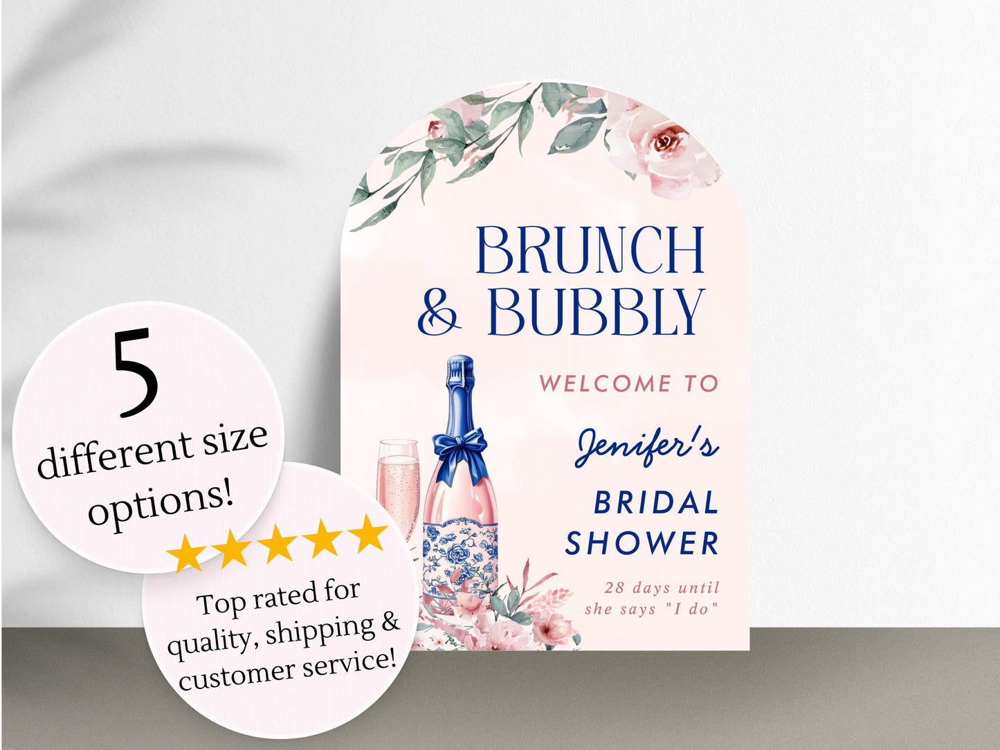 Printed Arch Brunch and Bubbly Bridal Shower Welcome Sign, Pink Champagne & Blue Bows, Custom Bridal Foam Board, Floral Wedding Party Decor