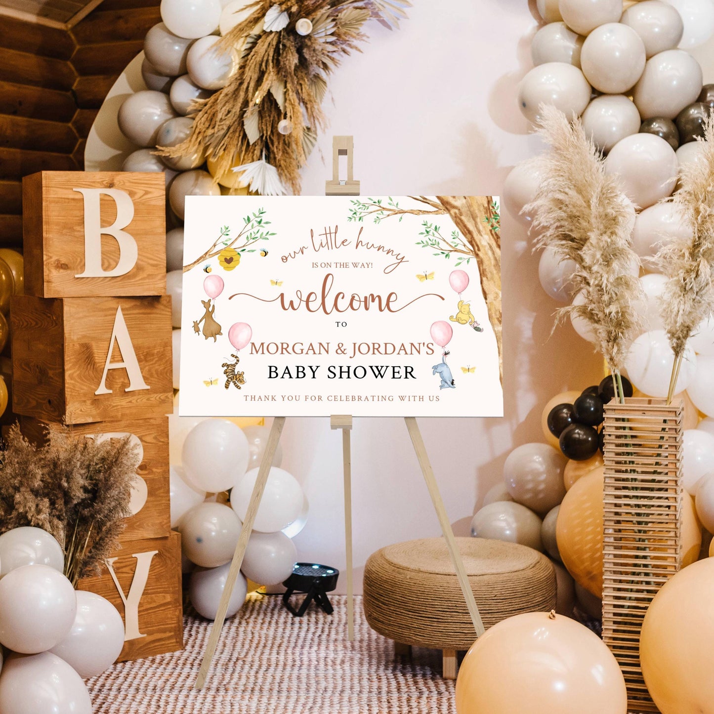 Printed Winnie The Pooh Baby Shower Welcome Sign, Pooh Baby Shower Welcome, Custom Printed Baby Girl Winnie The Pooh Foam Board Welcome Sign