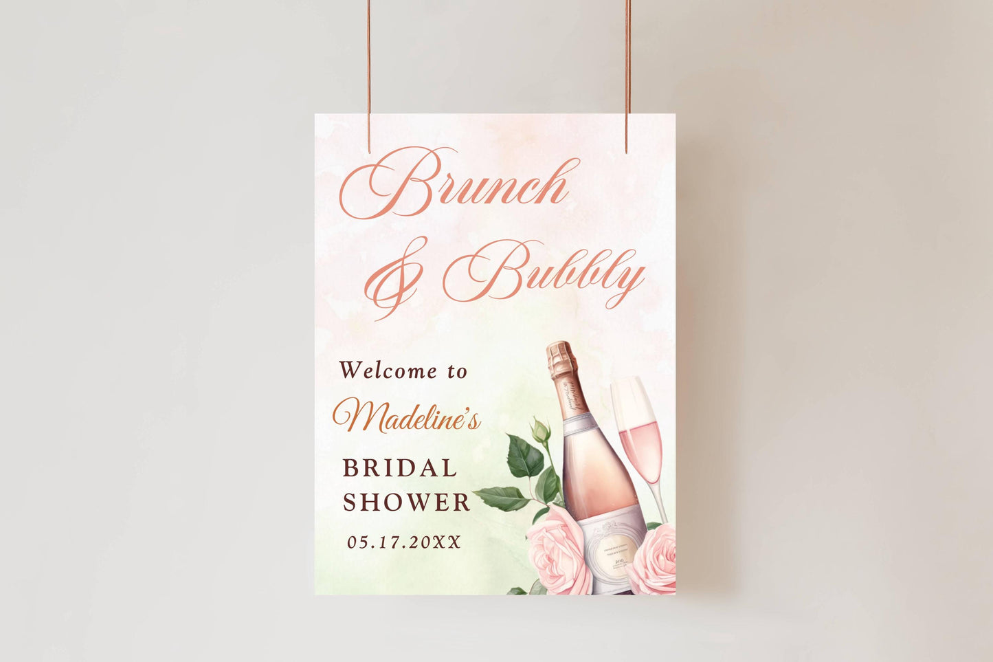 Printed Brunch and Bubbly Bridal Shower Welcome Sign with Rose Champagne, Custom Foam Board, Elegant Pink Green Bridal Brunch Decor Poster