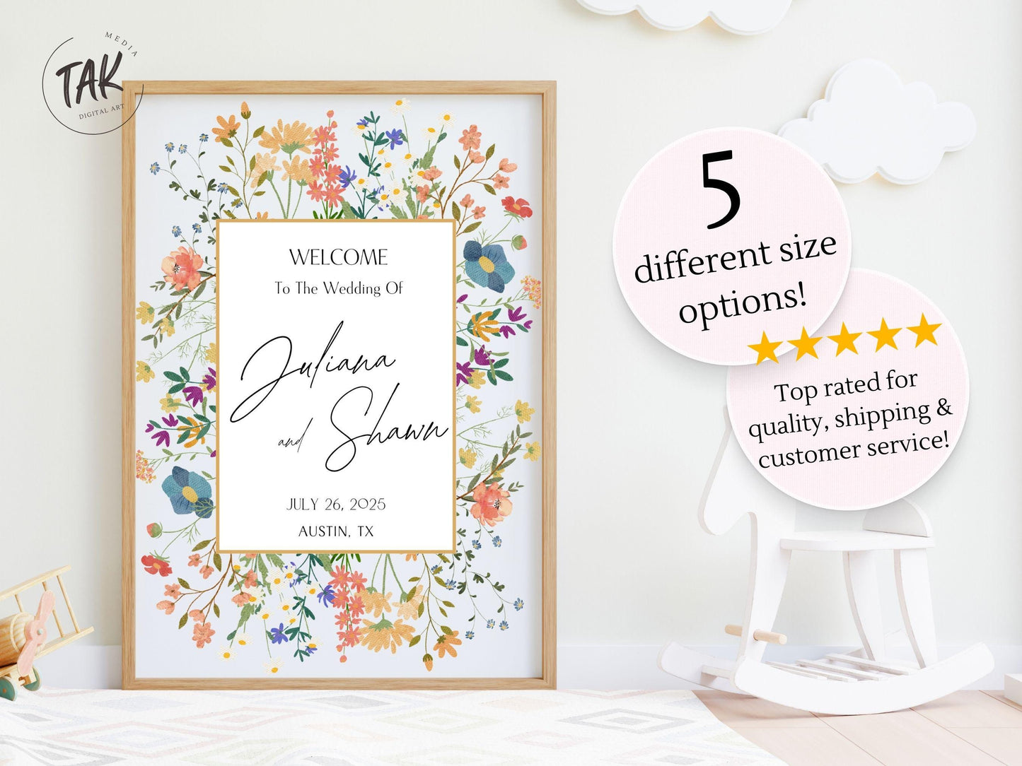 Floral Wedding Welcome Sign – Custom Acrylic or Foam Board Sign, Personalized Elegant Wedding Decor, Modern Ceremony Sign, Name & Date