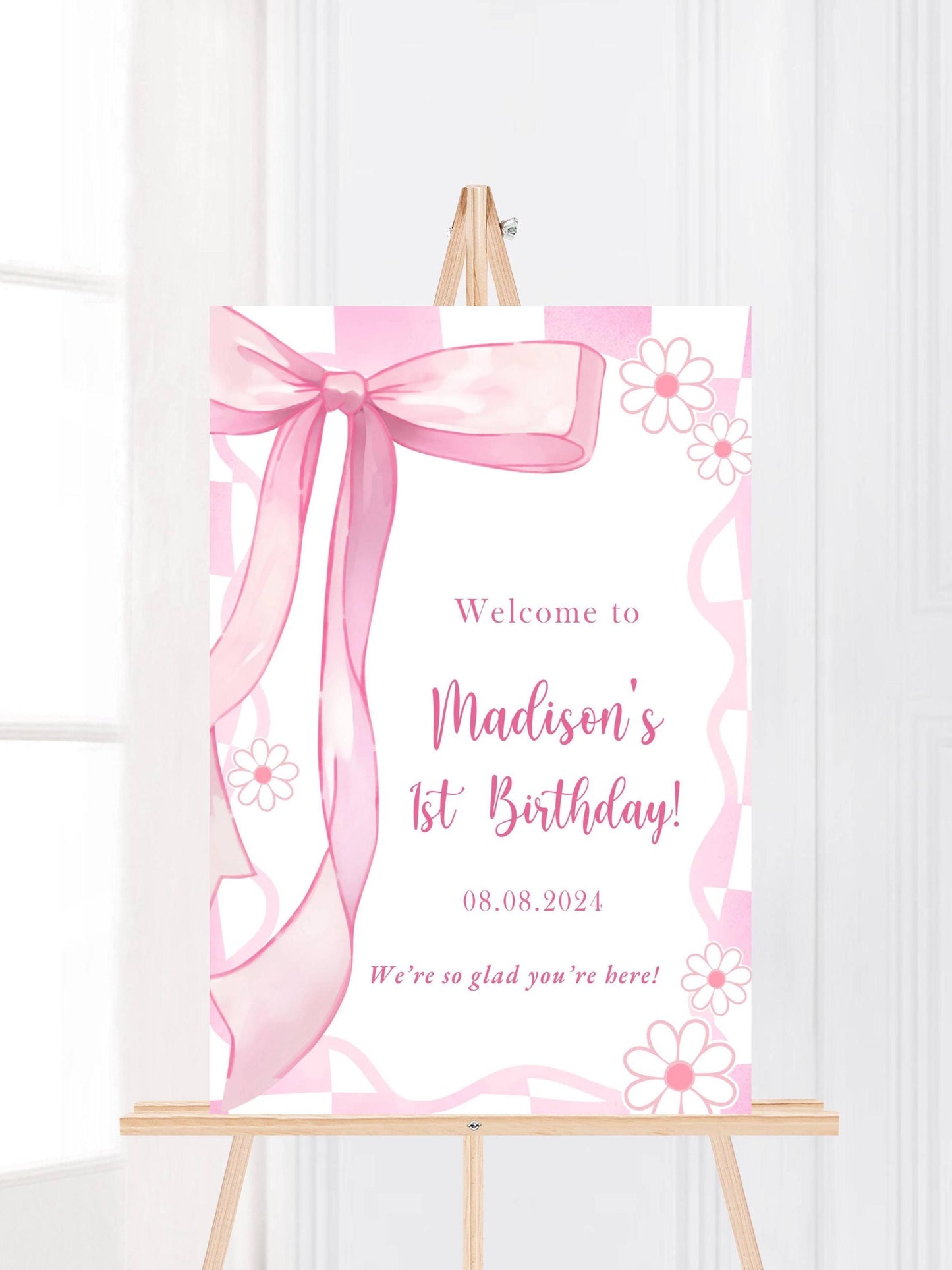 Printed Pink Ribbon 1st Birthday Foam Board Welcome Sign, Girl Party Foam Board, Floral Bow Theme, Personalized Name Poster Birthday Decor