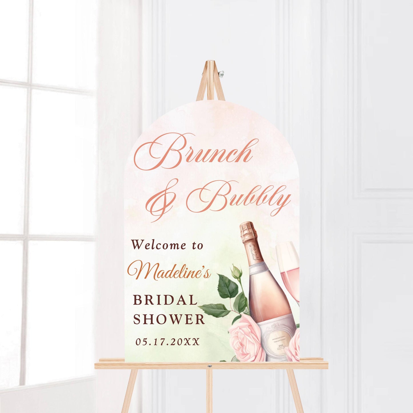 Printed Arch Brunch and Bubbly Bridal Shower Welcome Sign with Rose Champagne, Custom Foam Board, Elegant Pink Green Bridal Brunch Decor