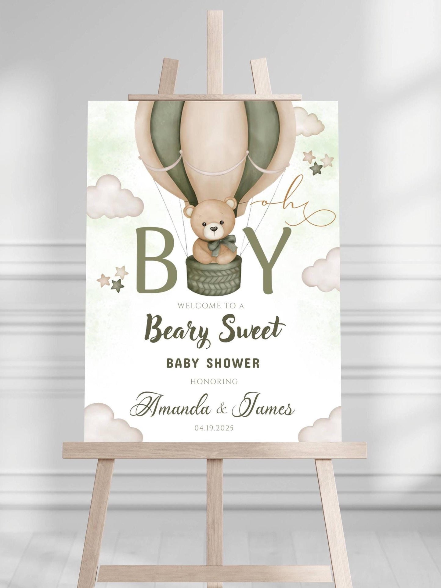 Printed Beary Sweet Baby Shower Welcome Sign for Boy, Teddy Bear Hot Air Balloon Sage Theme, Custom Foam Board, Personal Neutral Decor