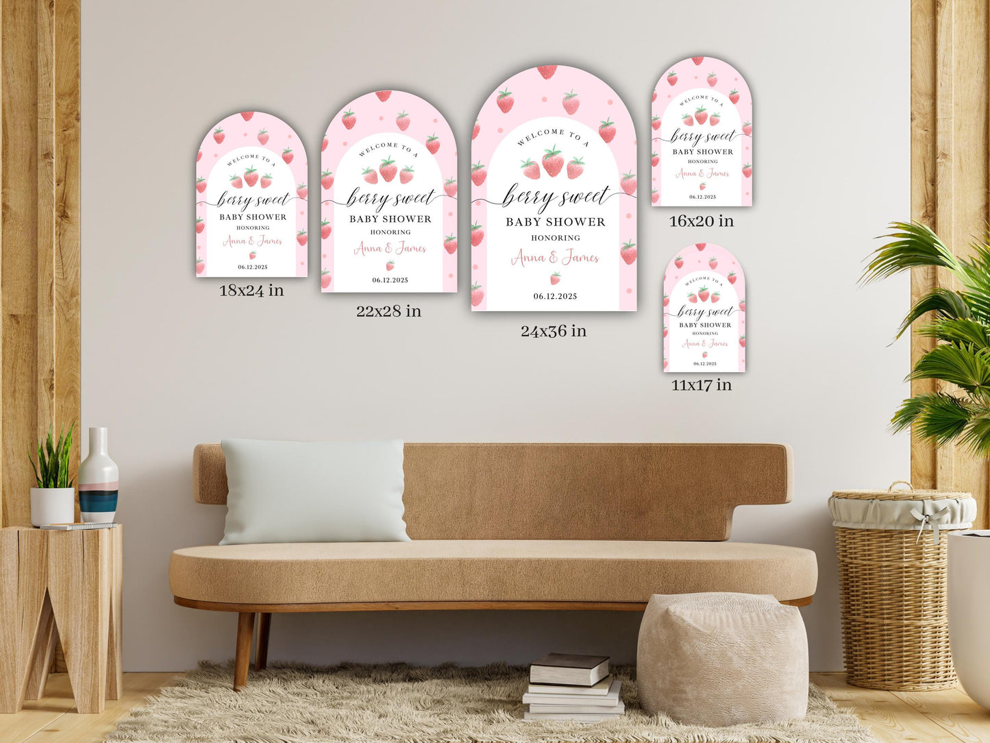 Printed Arch Berry Sweet Baby Shower Welcome Sign with Strawberries, Custom Name Foam Board, Pink Summer Party Decor Sign, Berry Sweet Decor