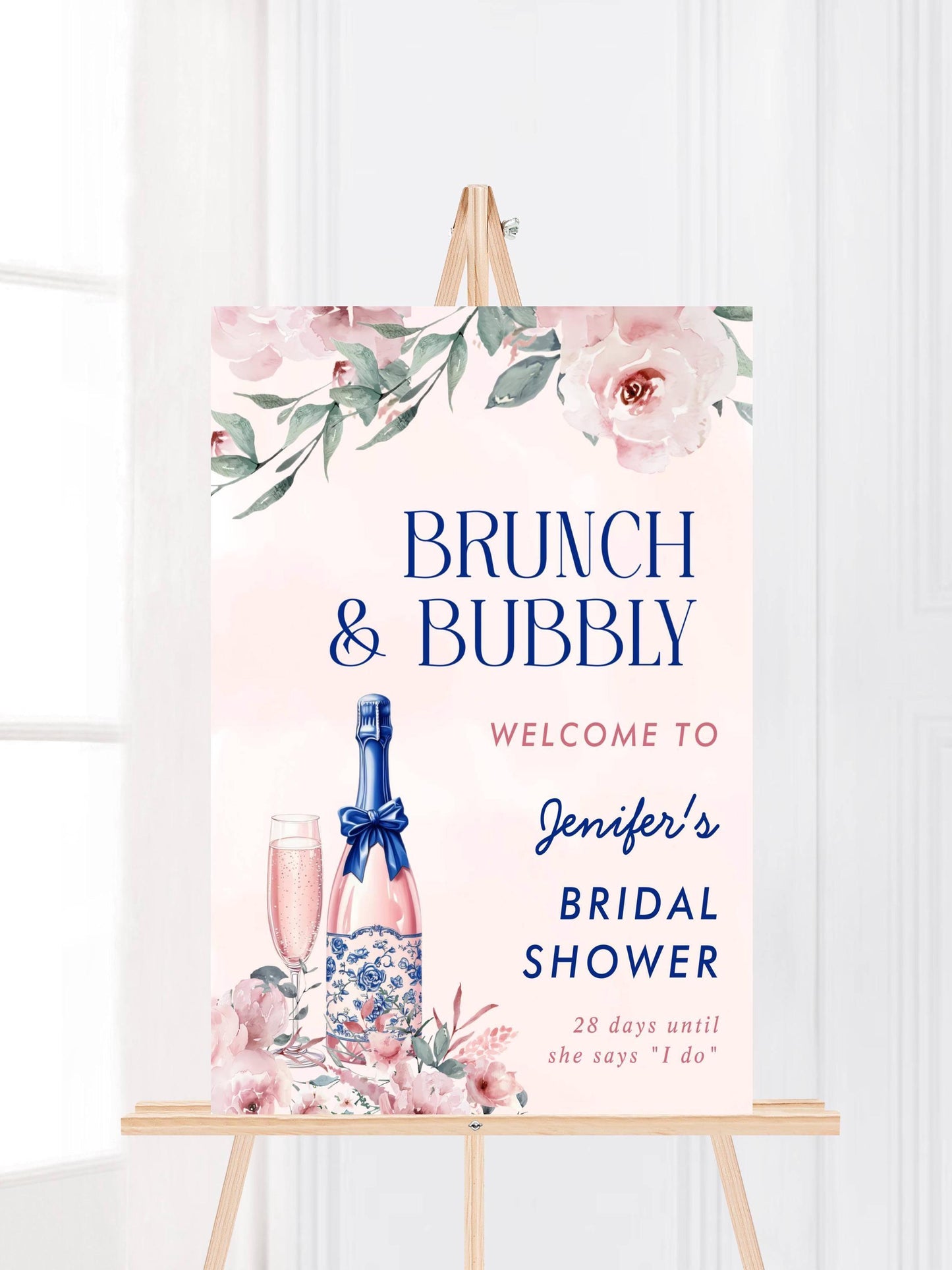 Printed Brunch and Bubbly Bridal Shower Welcome Sign, Pink Champagne & Blue Bows, Custom Bridal Foam Board, Floral Wedding Party Decor