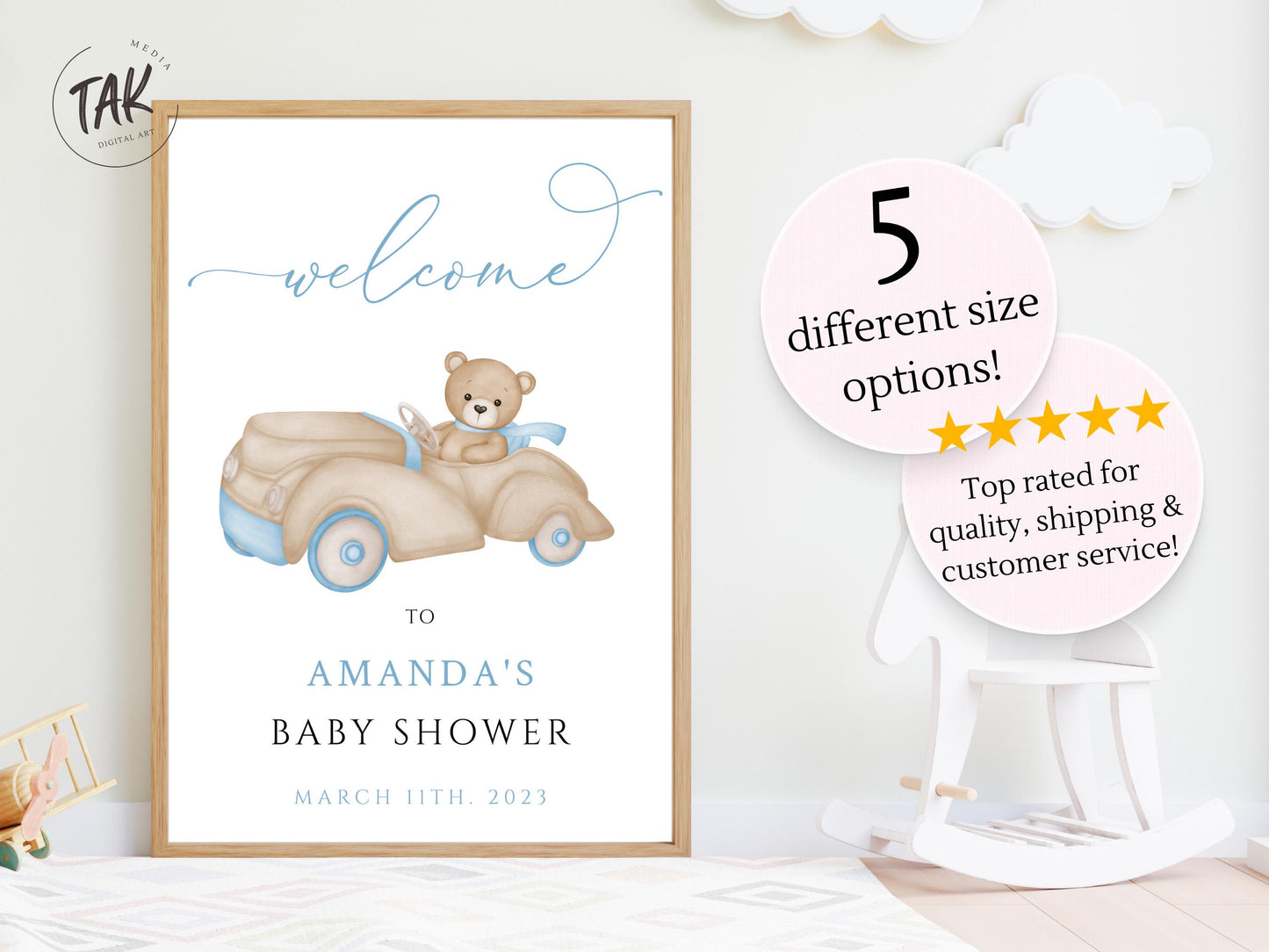 Baby Shower We Can Bearly Wait Boy Welcome Sign, Baby Driving Bear