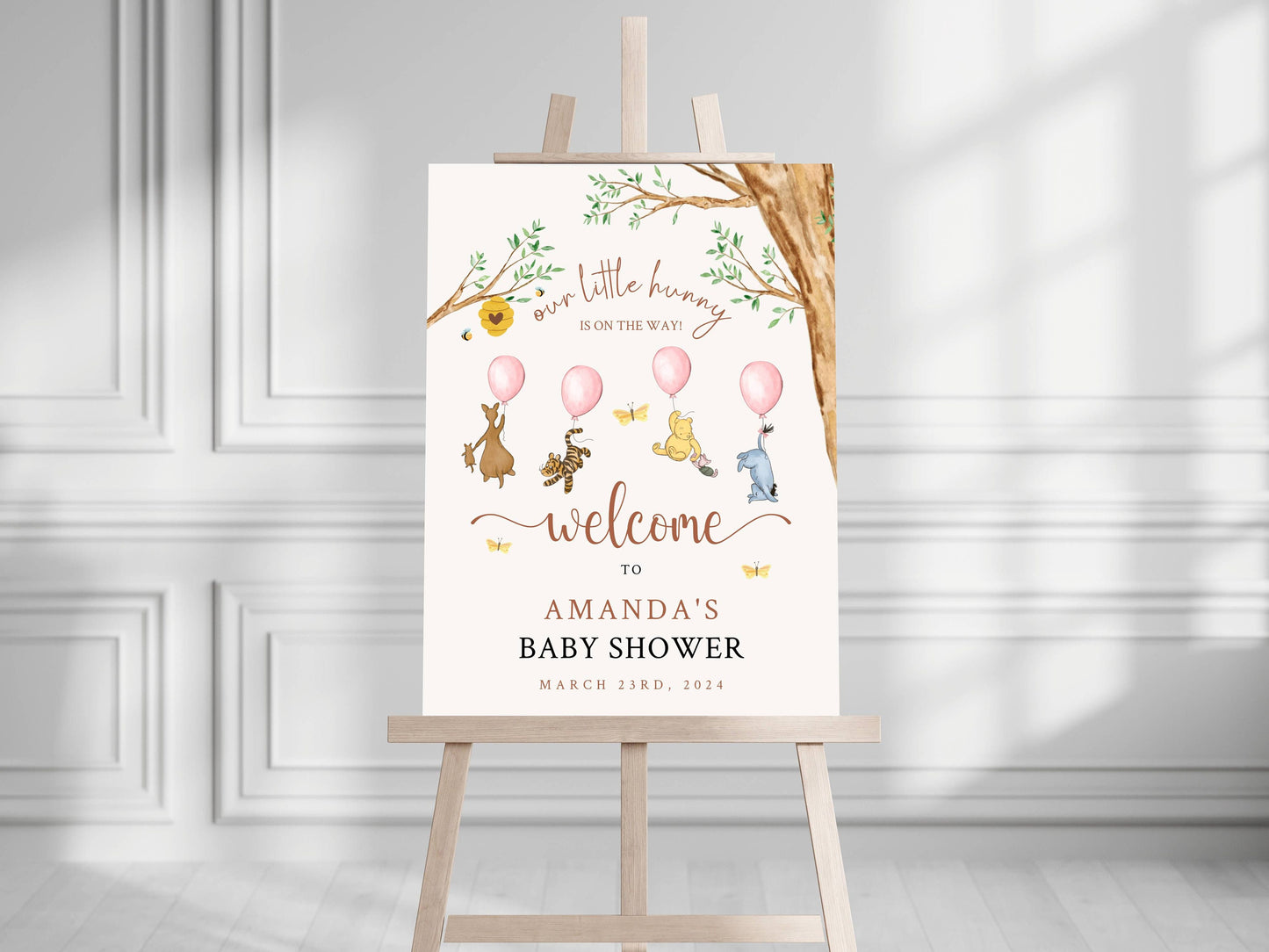 Printed Winnie The Pooh Baby Shower Welcome Sign, Pooh Baby Shower Welcome, Custom Printed Baby Girl Winnie The Pooh Foam Board Welcome Sign