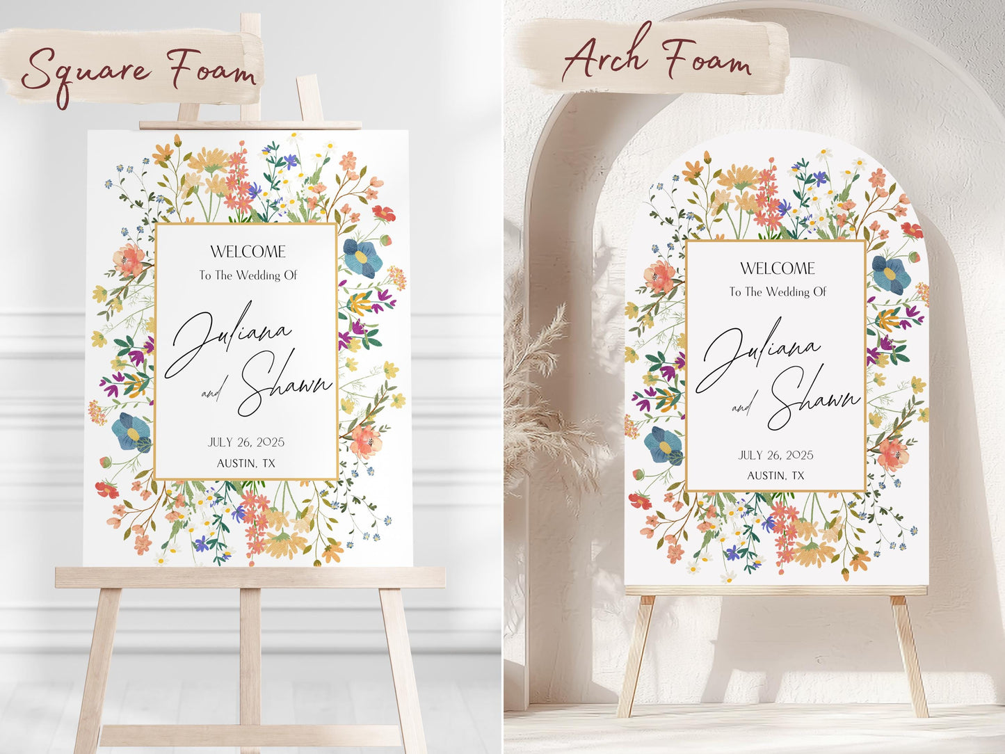 Floral Wedding Welcome Sign – Custom Acrylic or Foam Board Sign, Personalized Elegant Wedding Decor, Modern Ceremony Sign, Name & Date