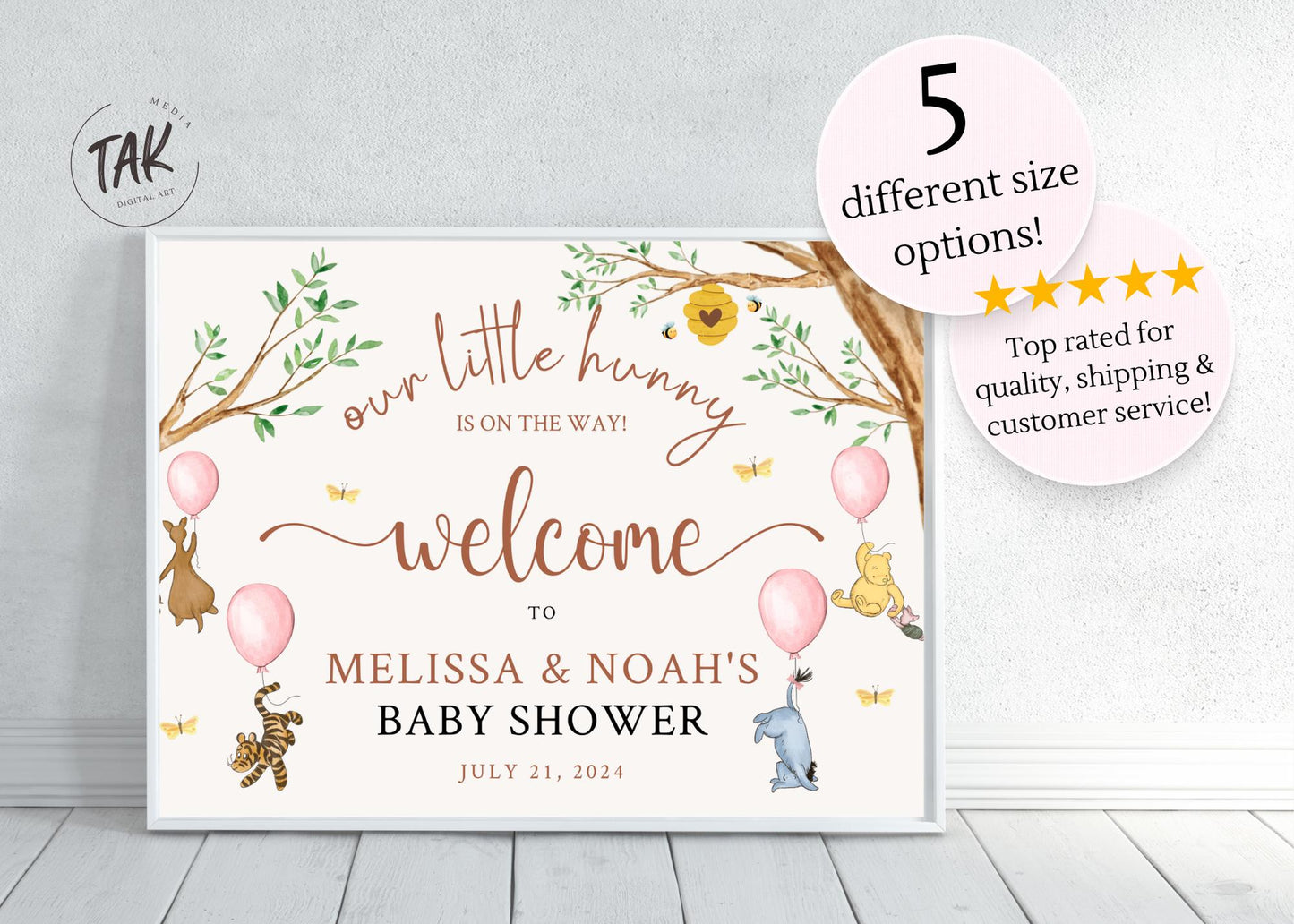 Printed Winnie The Pooh Baby Shower Welcome Sign, Pooh Baby Shower Welcome, Custom Printed Baby Girl Winnie The Pooh Foam Board Welcome Sign