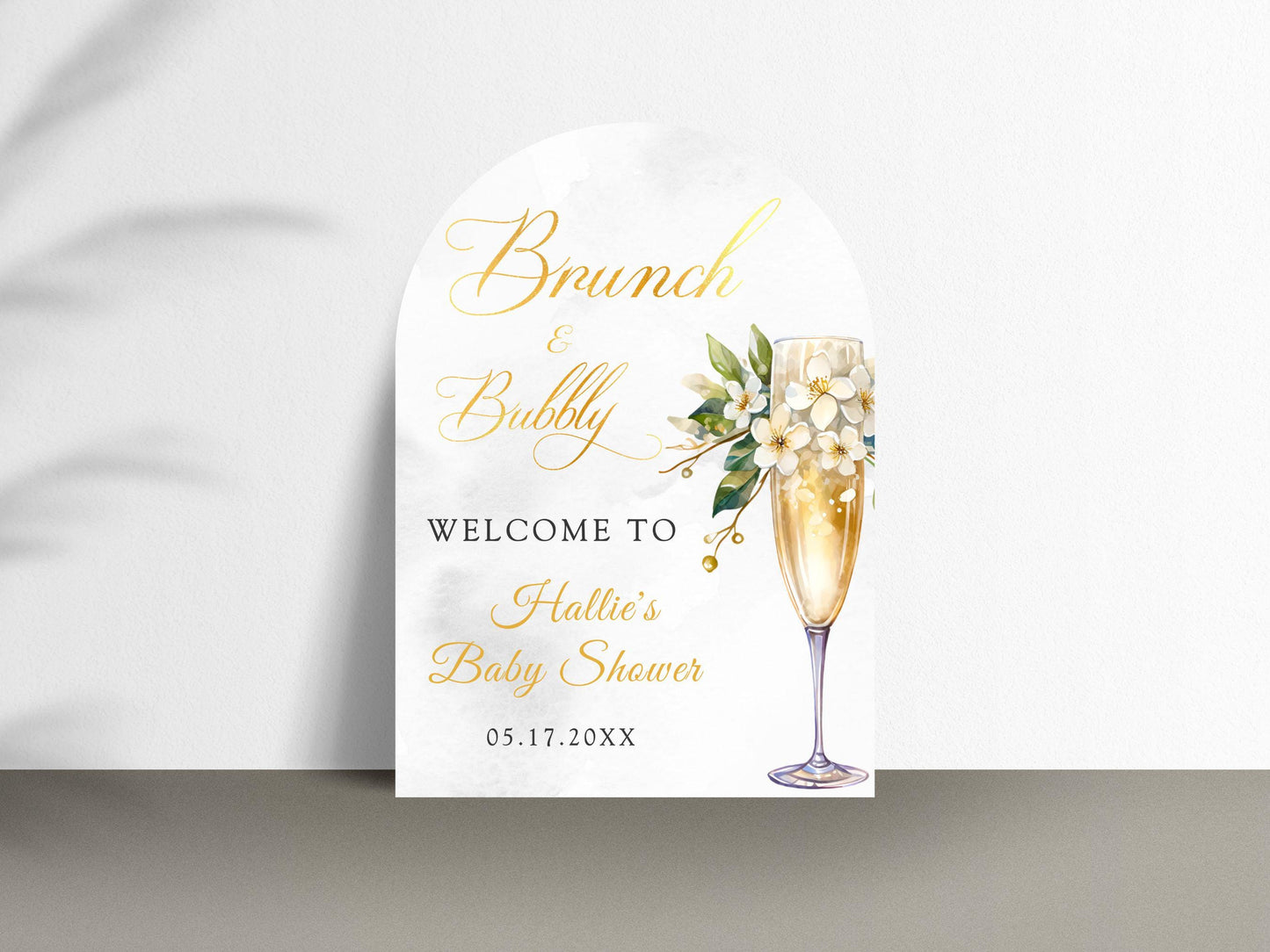 Printed Arch Brunch and Bubbly Baby Shower Welcome Sign with Champagne Glass & Florals, Custom Foam Board for Mom, Elegant Gold Decor Poster