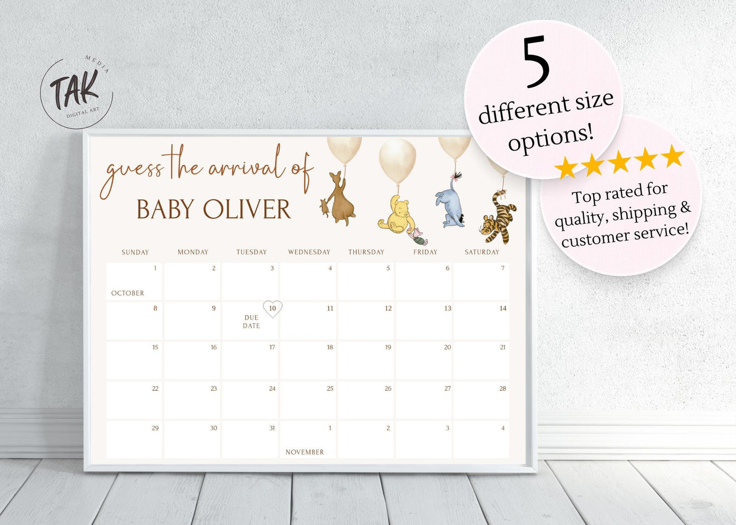 Winnie The Pooh Baby Shower Due Date Calendar, Pooh Baby Shower Calendar, Printed Gender Neutral Winnie The Pooh