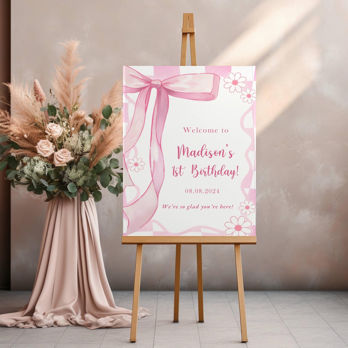 Printed Pink Ribbon 1st Birthday Foam Board Welcome Sign, Girl Party Foam Board, Floral Bow Theme, Personalized Name Poster Birthday Decor
